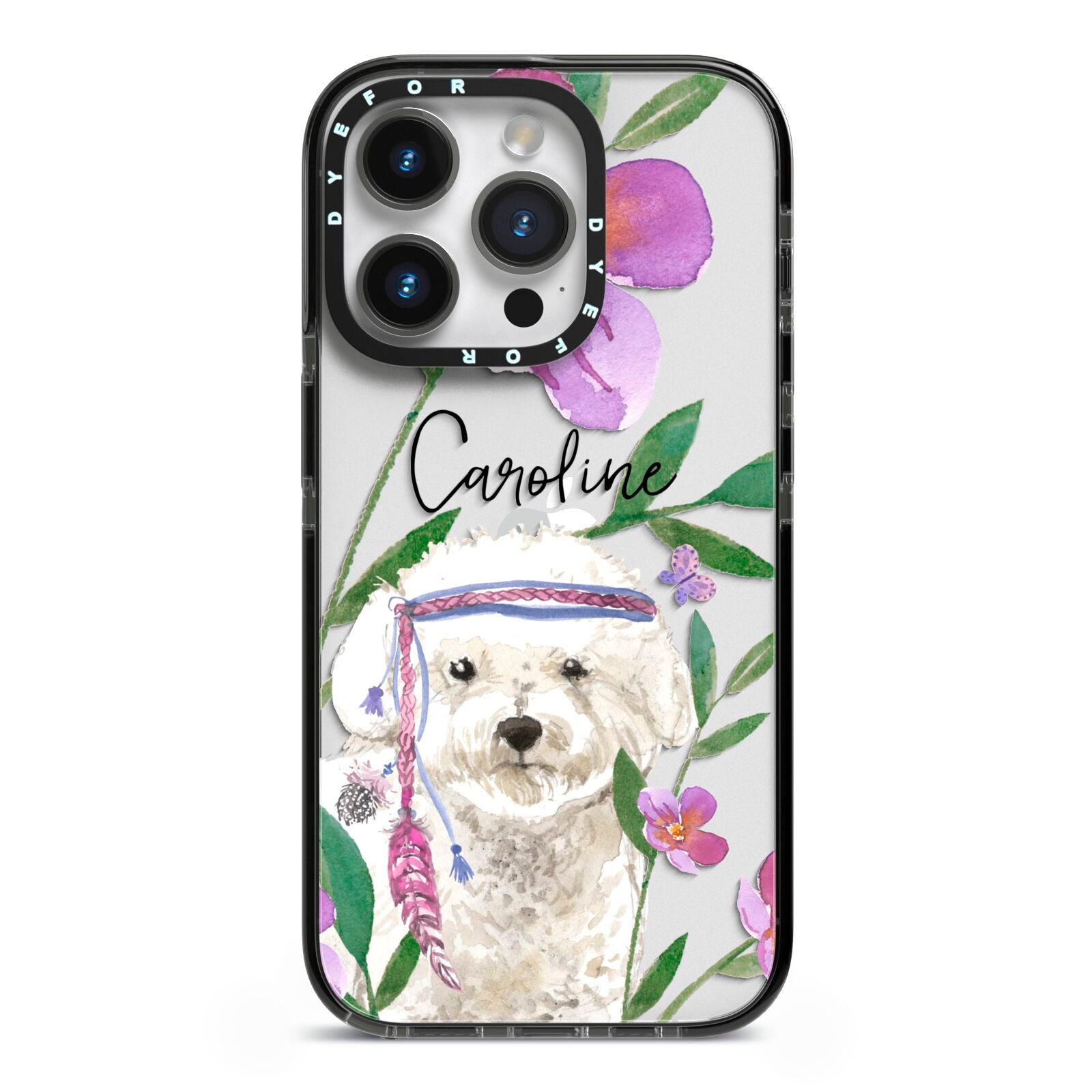 Personalised Bichon Frise iPhone 14 Pro Black Impact Case on Silver phone
