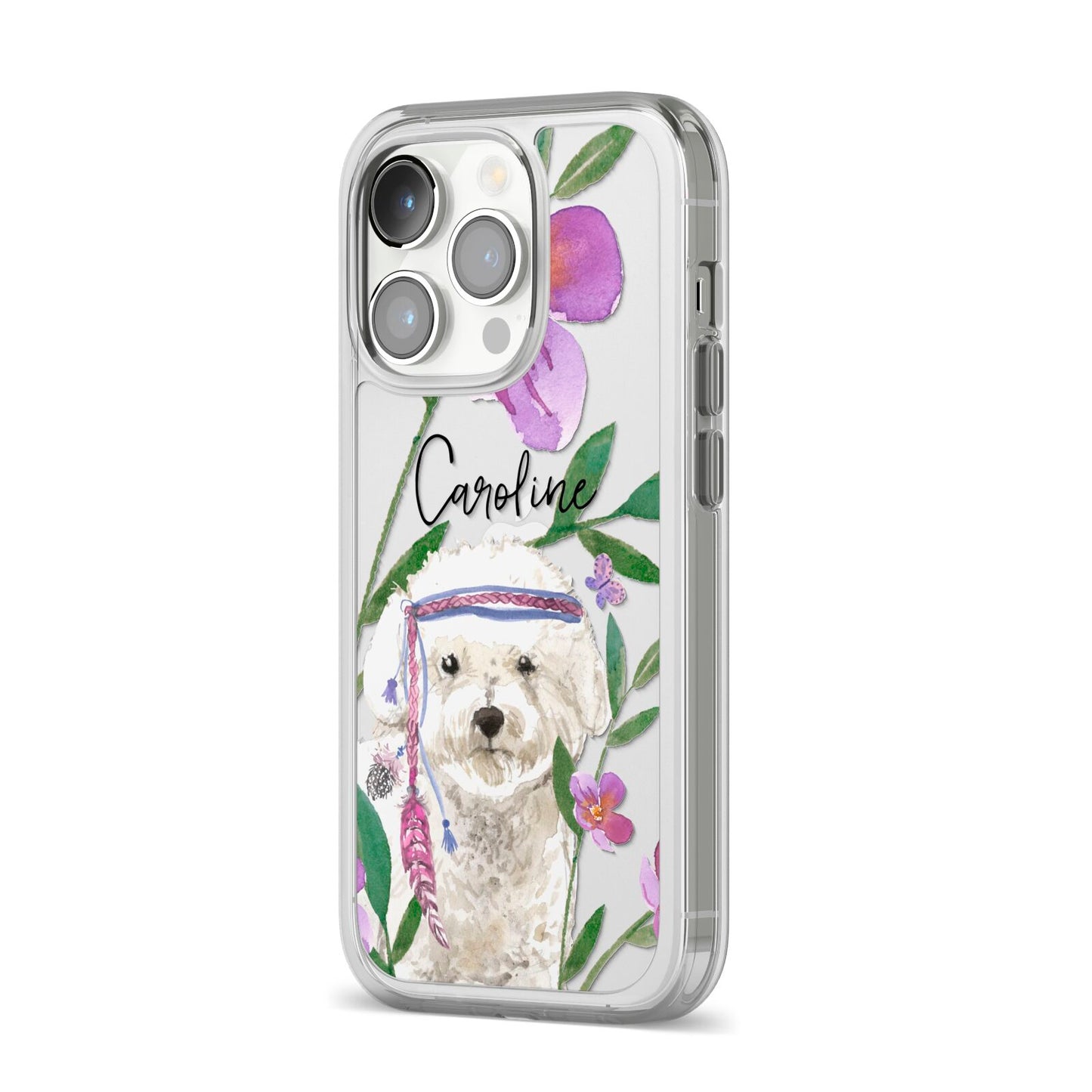Personalised Bichon Frise iPhone 14 Pro Clear Tough Case Silver Angled Image