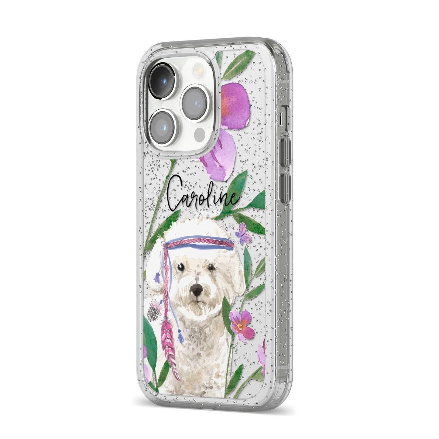 Personalised Bichon Frise iPhone 14 Pro Glitter Tough Case Silver Angled Image