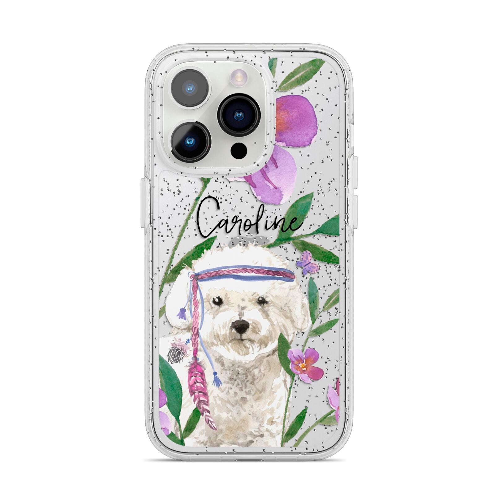 Personalised Bichon Frise iPhone 14 Pro Glitter Tough Case Silver
