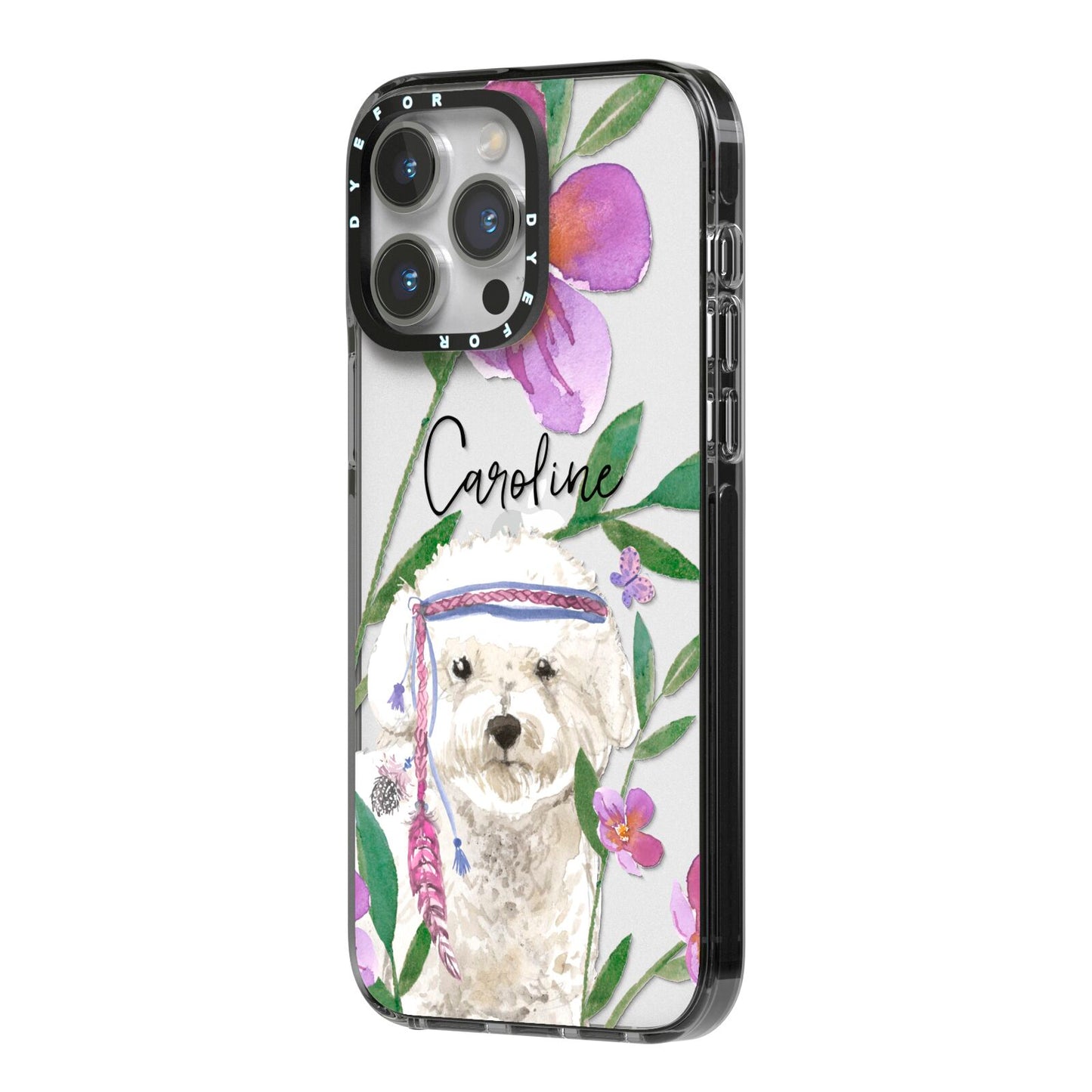Personalised Bichon Frise iPhone 14 Pro Max Black Impact Case Side Angle on Silver phone