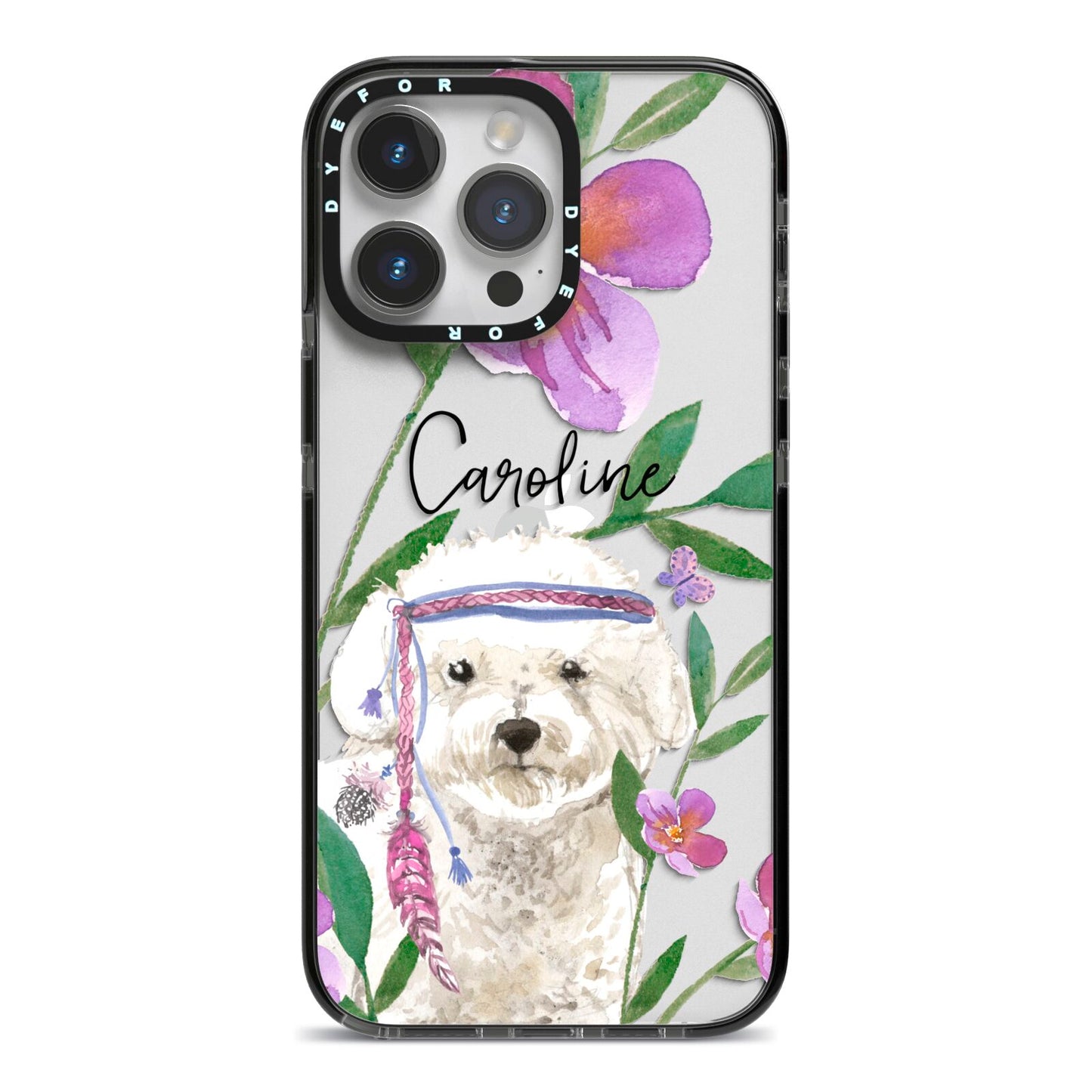 Personalised Bichon Frise iPhone 14 Pro Max Black Impact Case on Silver phone