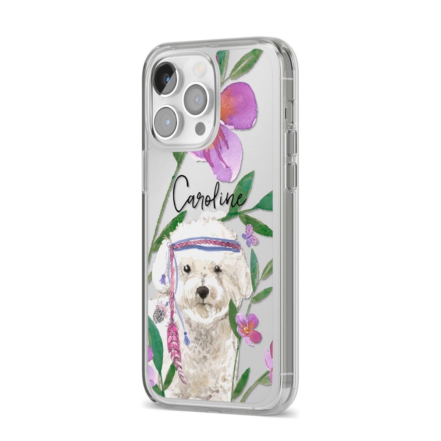 Personalised Bichon Frise iPhone 14 Pro Max Clear Tough Case Silver Angled Image