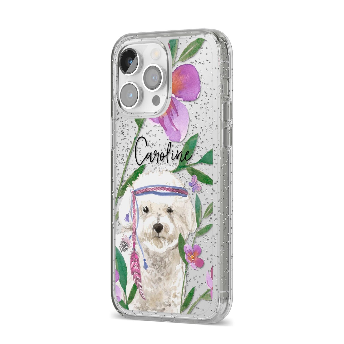 Personalised Bichon Frise iPhone 14 Pro Max Glitter Tough Case Silver Angled Image