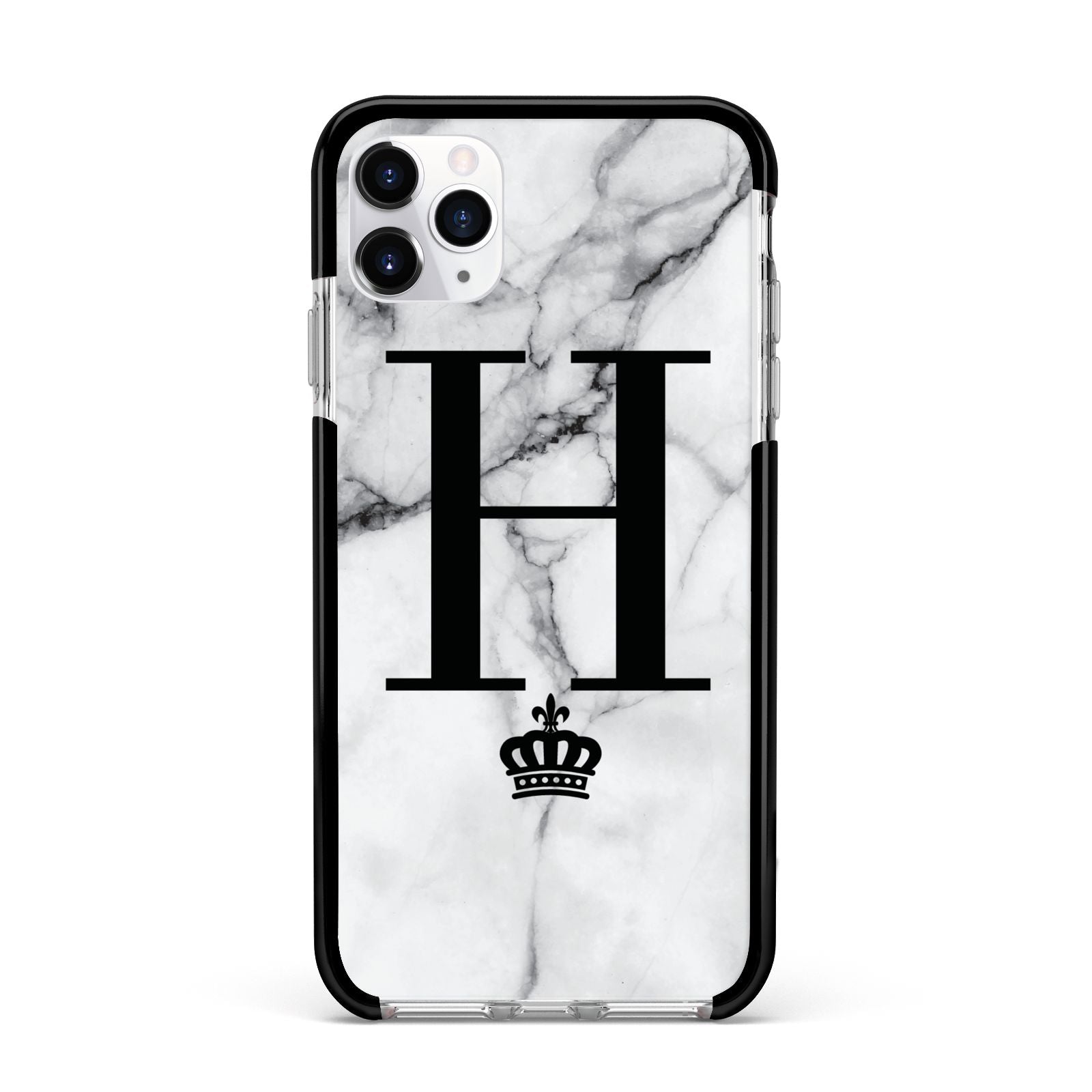 Personalised Big Initials Crown Marble Apple iPhone 11 Pro Max in Silver with Black Impact Case