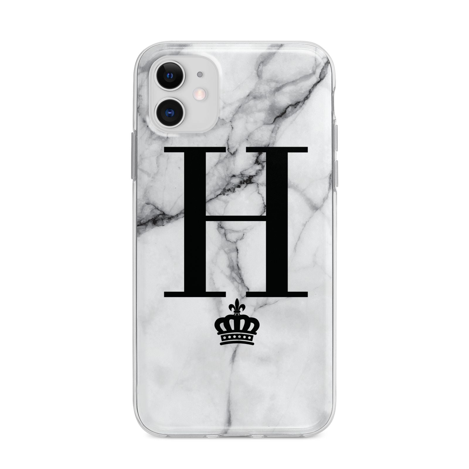 Personalised Big Initials Crown Marble Apple iPhone 11 in White with Bumper Case