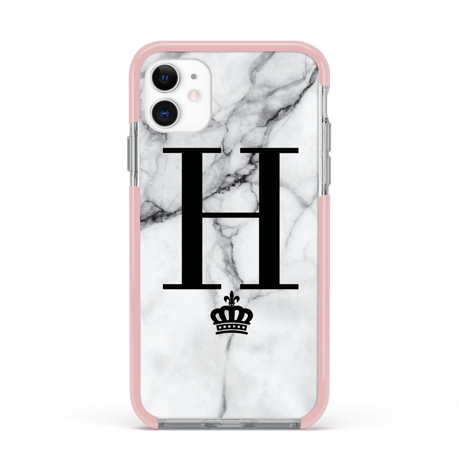 Personalised Big Initials Crown Marble Apple iPhone 11 in White with Pink Impact Case