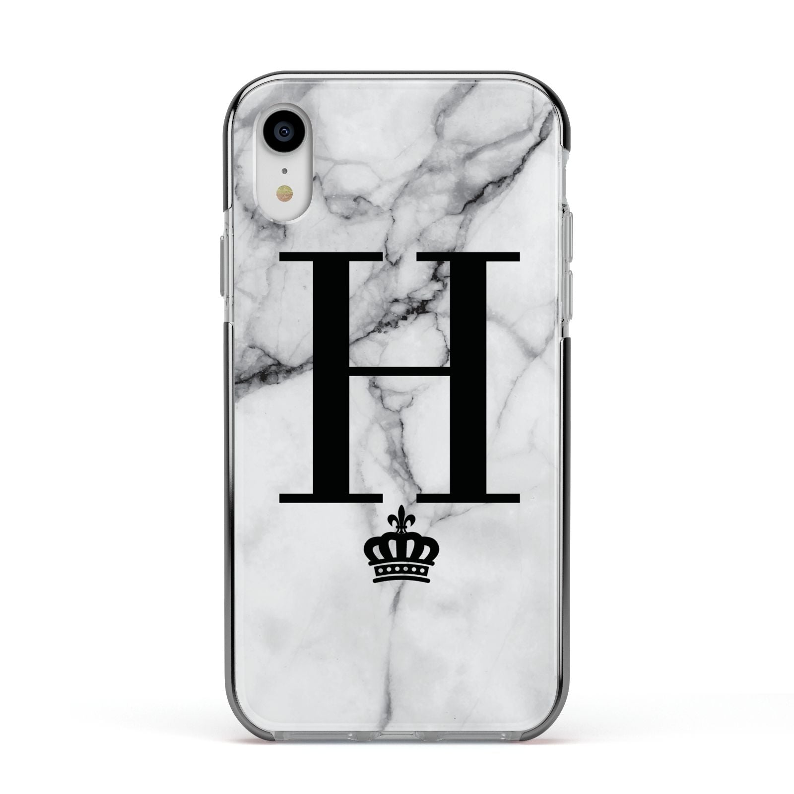 Personalised Big Initials Crown Marble Apple iPhone XR Impact Case Black Edge on Silver Phone