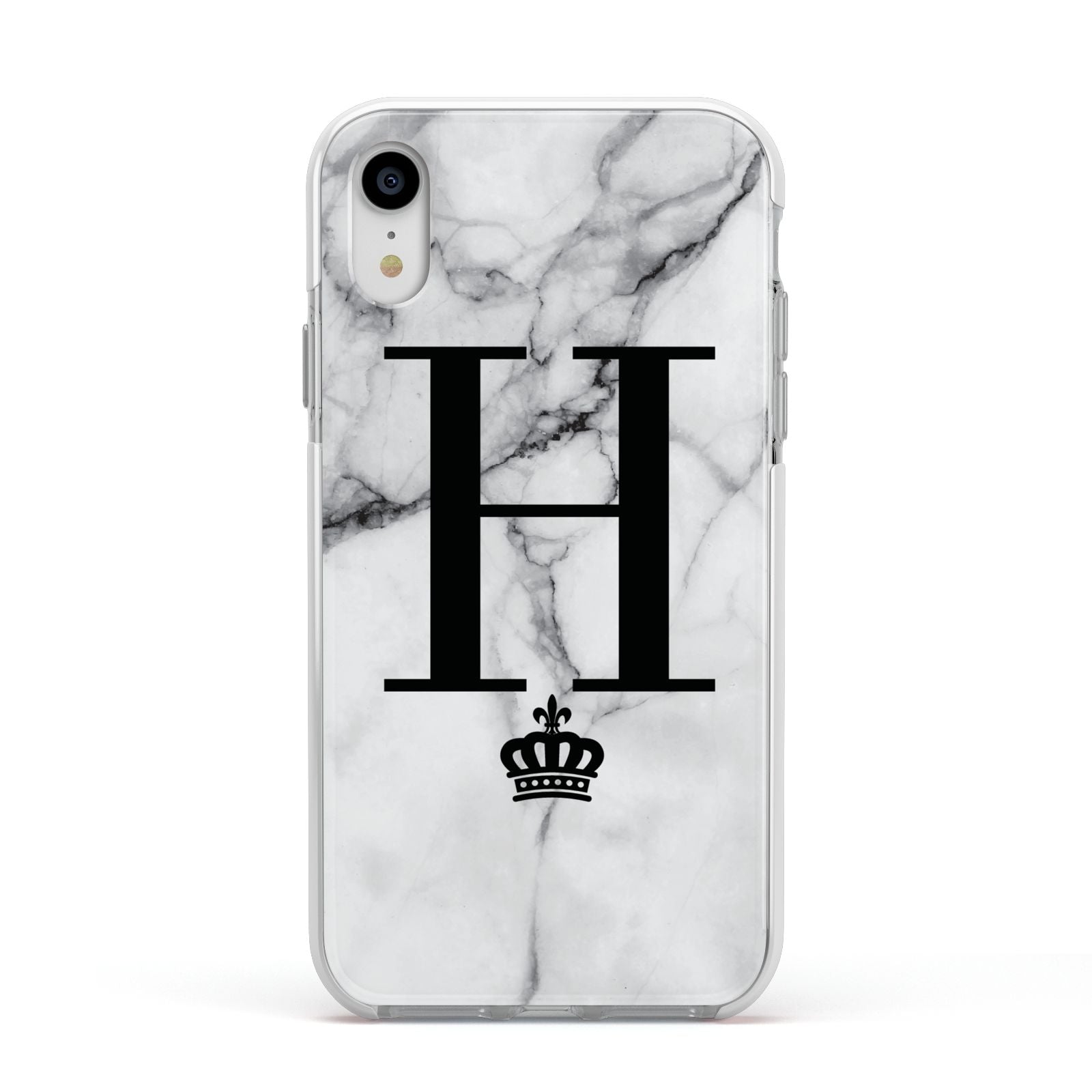 Personalised Big Initials Crown Marble Apple iPhone XR Impact Case White Edge on Silver Phone