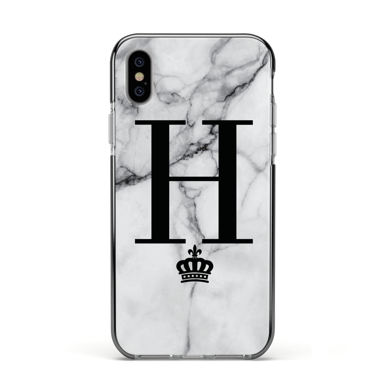 Personalised Big Initials Crown Marble Apple iPhone Xs Impact Case Black Edge on Silver Phone