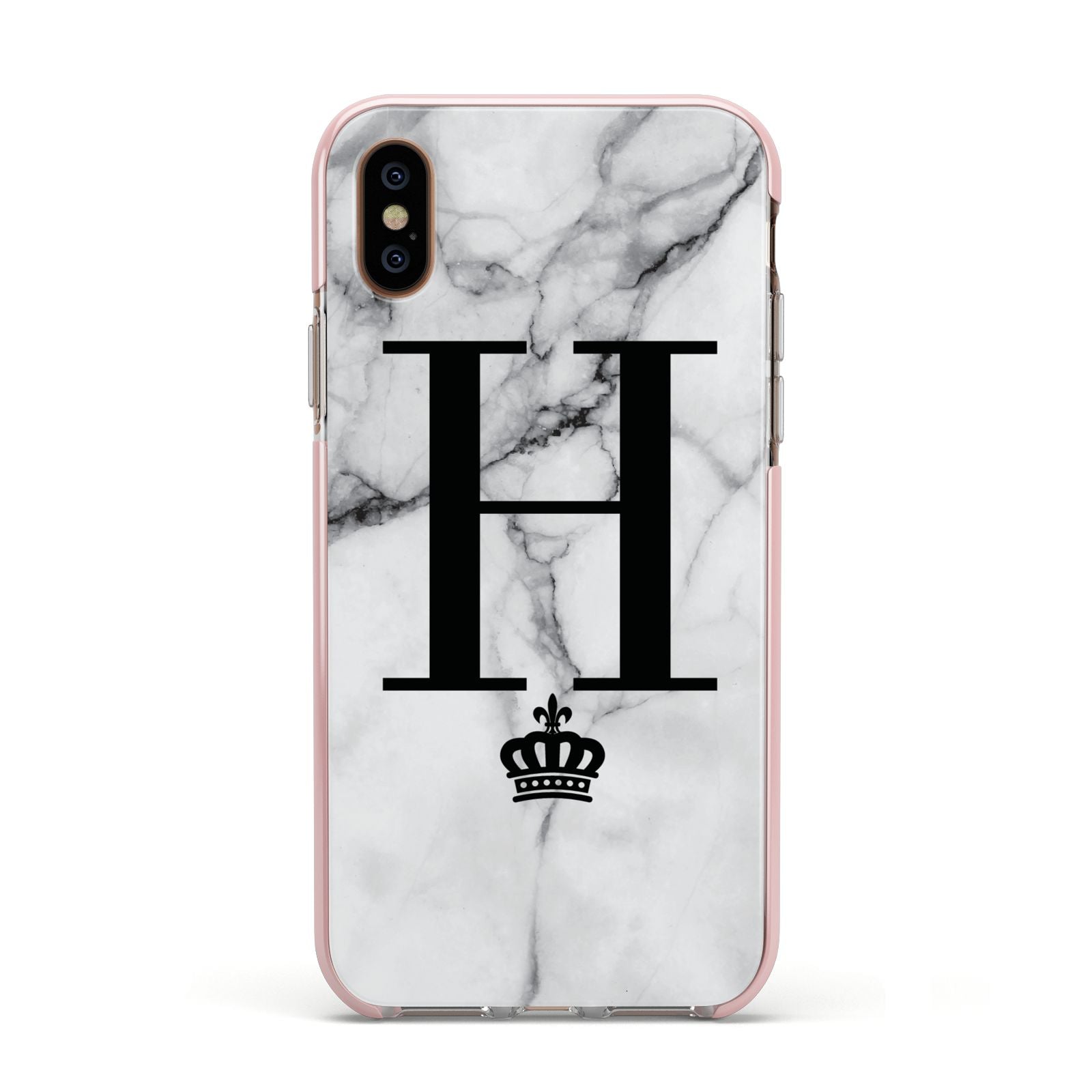 Personalised Big Initials Crown Marble Apple iPhone Xs Impact Case Pink Edge on Gold Phone