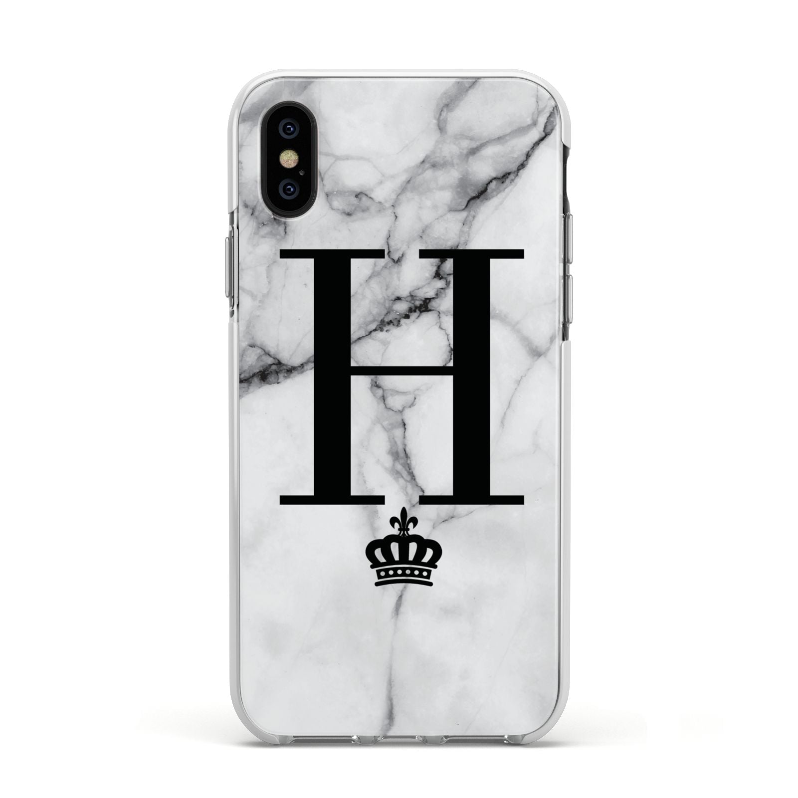 Personalised Big Initials Crown Marble Apple iPhone Xs Impact Case White Edge on Black Phone