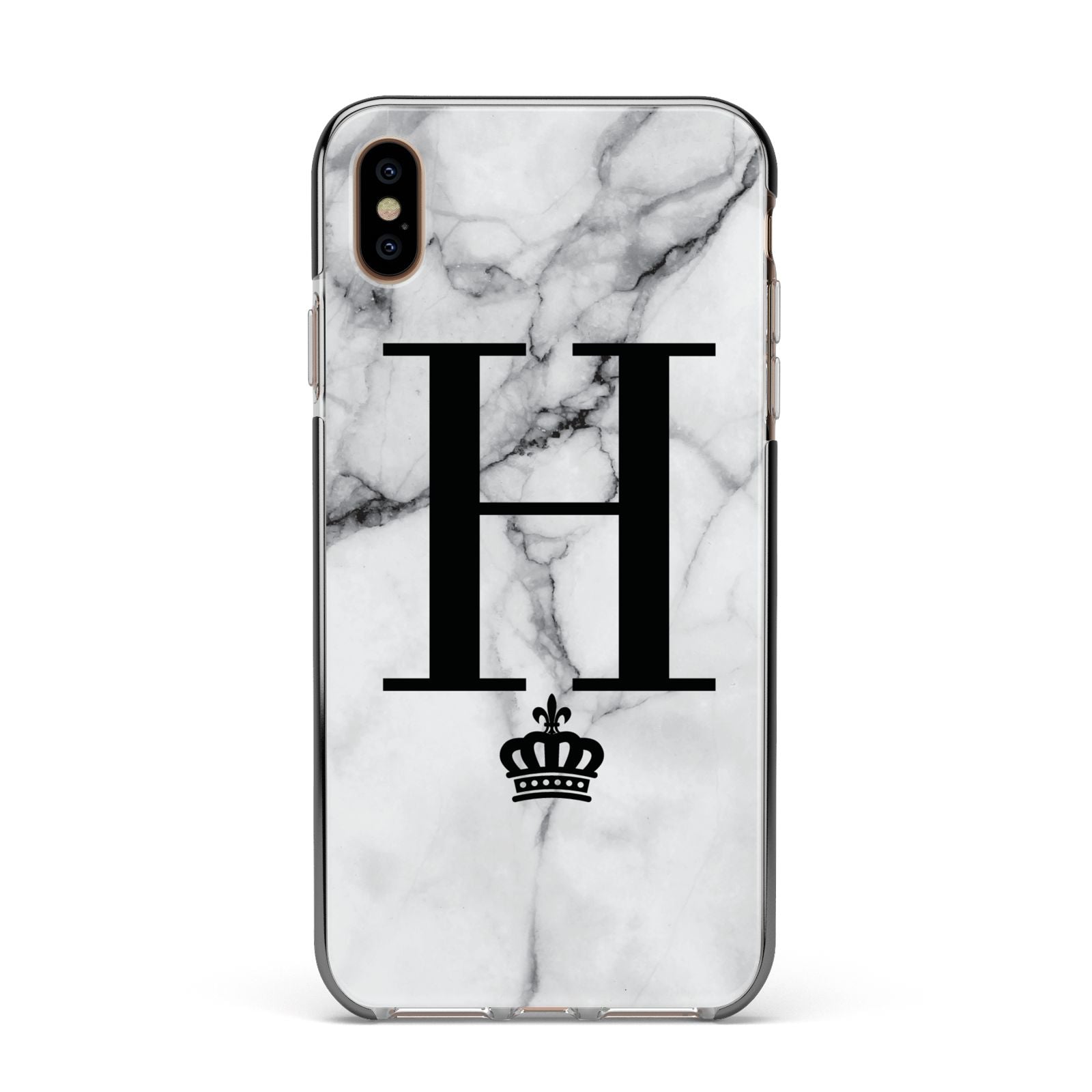Personalised Big Initials Crown Marble Apple iPhone Xs Max Impact Case Black Edge on Gold Phone