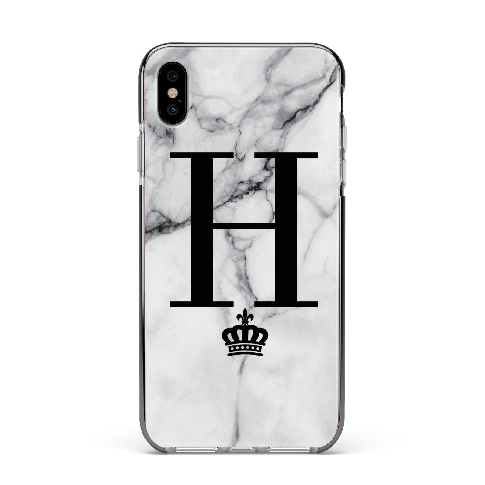 Personalised Big Initials Crown Marble Apple iPhone Xs Max Impact Case Black Edge on Silver Phone