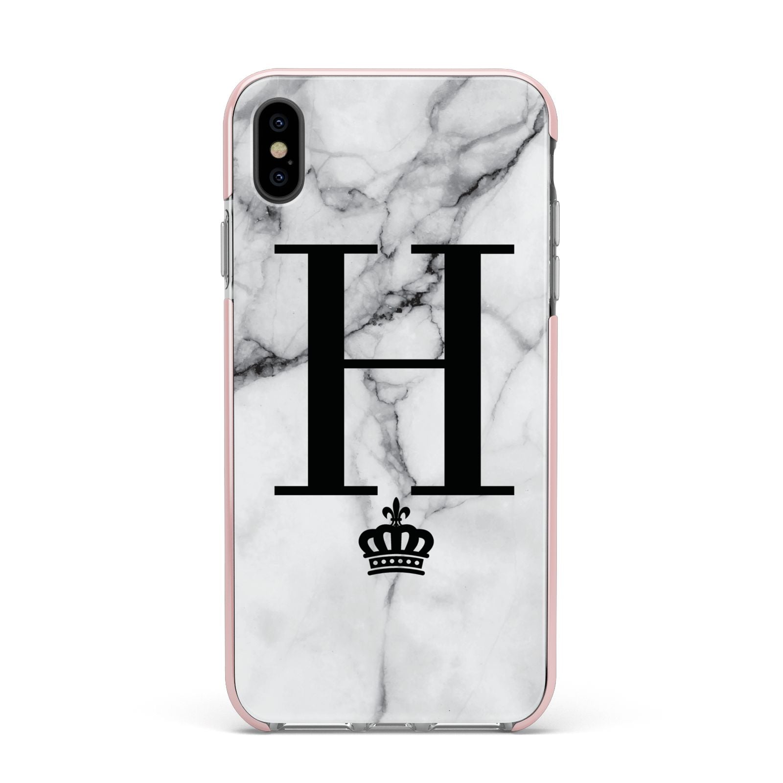 Personalised Big Initials Crown Marble Apple iPhone Xs Max Impact Case Pink Edge on Black Phone