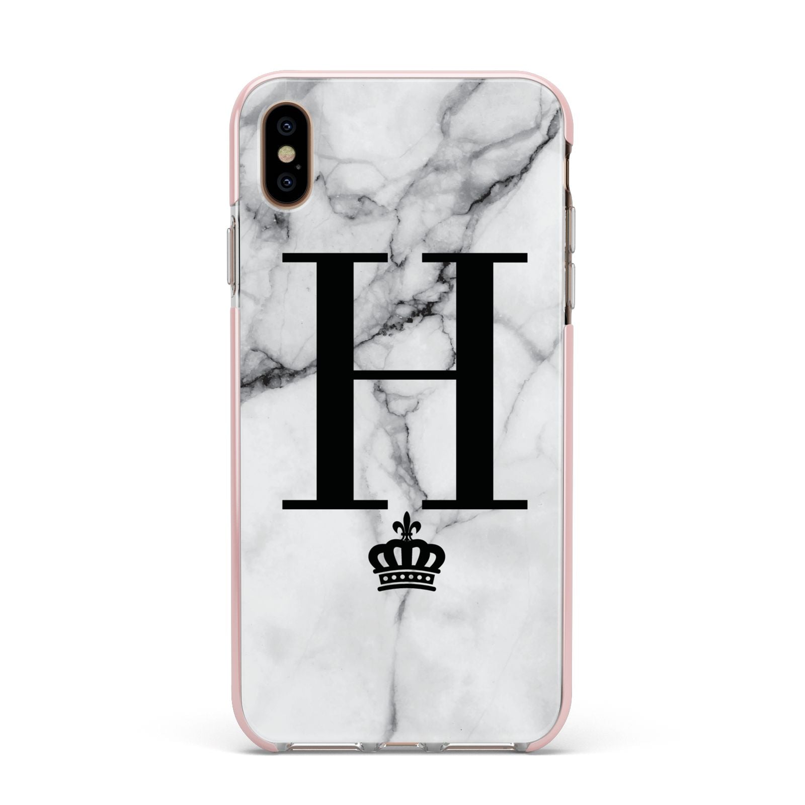 Personalised Big Initials Crown Marble Apple iPhone Xs Max Impact Case Pink Edge on Gold Phone