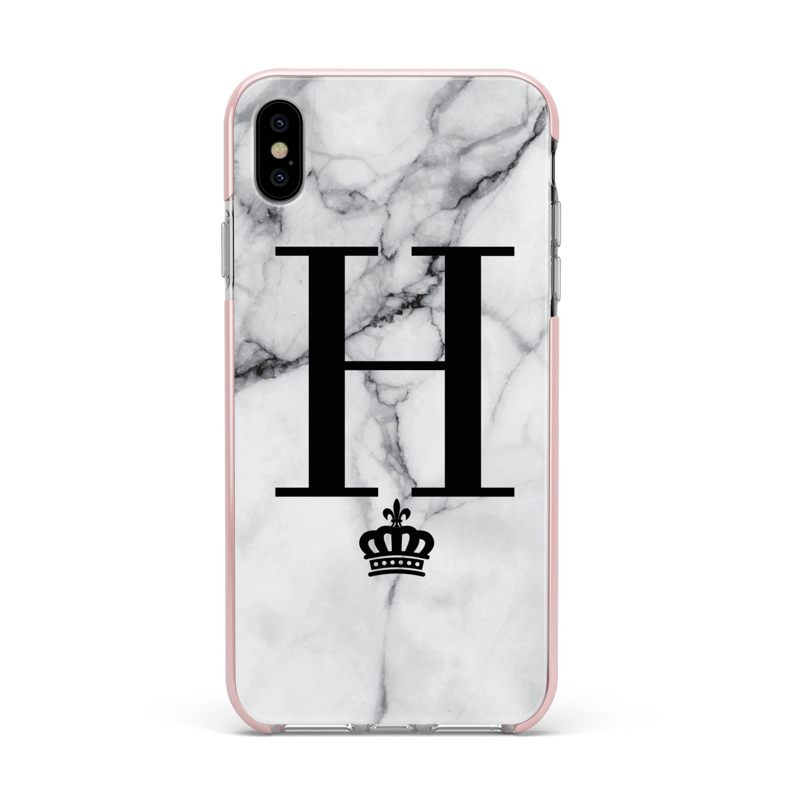 Personalised Big Initials Crown Marble Apple iPhone Xs Max Impact Case Pink Edge on Silver Phone