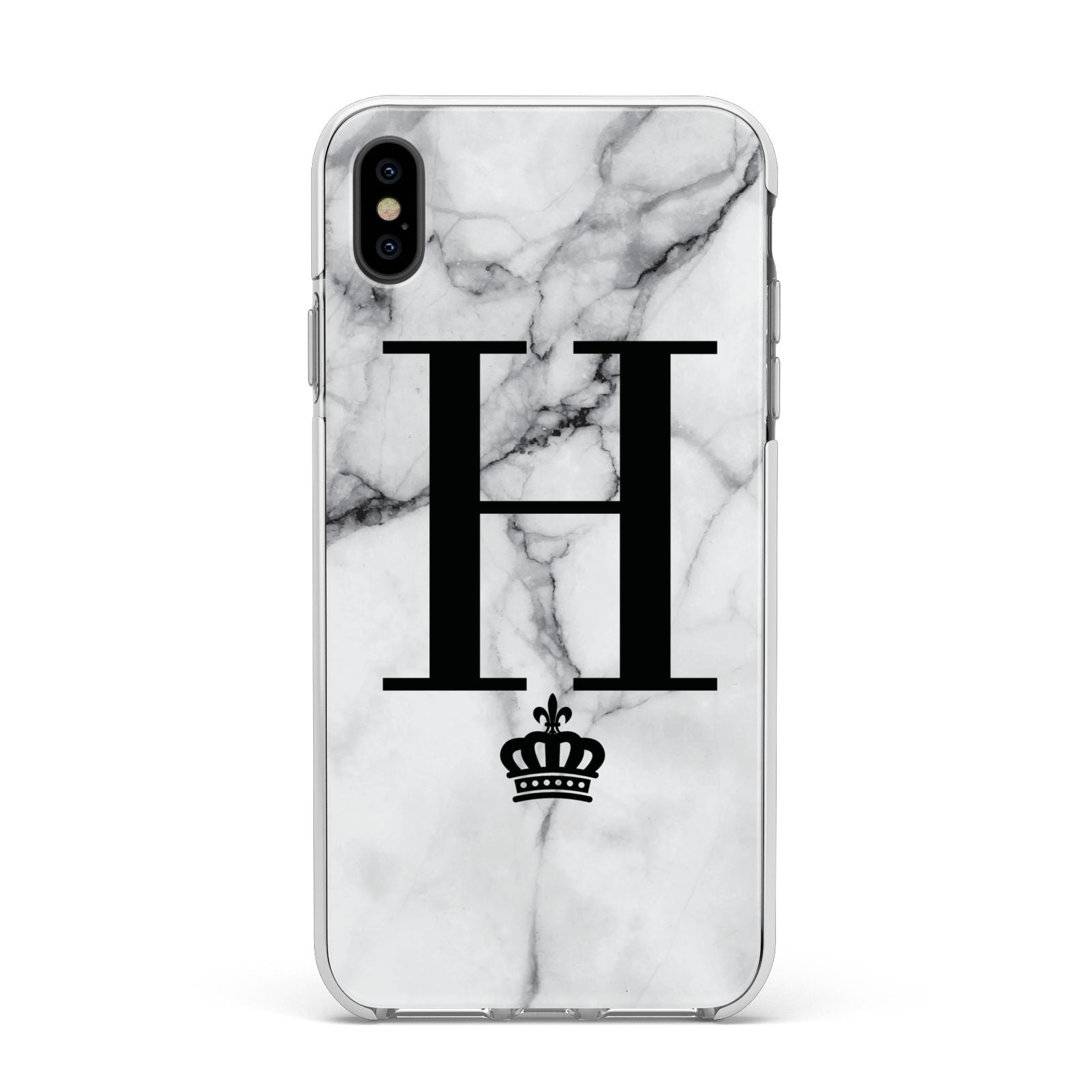 Personalised Big Initials Crown Marble Apple iPhone Xs Max Impact Case White Edge on Black Phone
