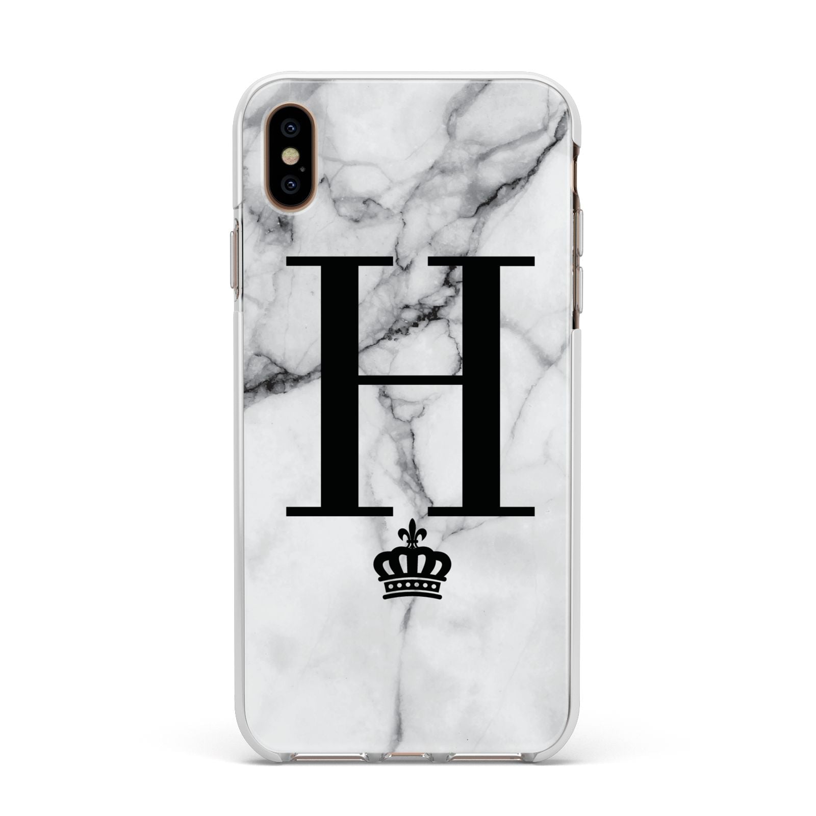 Personalised Big Initials Crown Marble Apple iPhone Xs Max Impact Case White Edge on Gold Phone