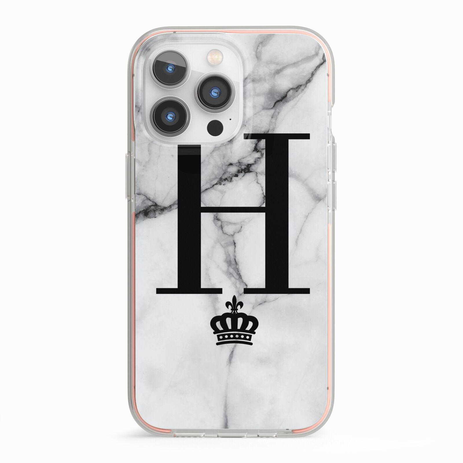 Personalised Big Initials Crown Marble iPhone 13 Pro TPU Impact Case with Pink Edges