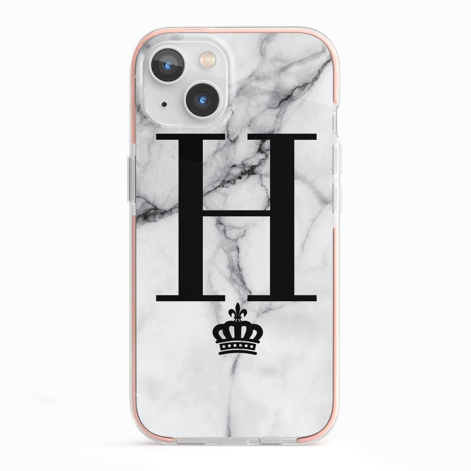 Personalised Big Initials Crown Marble iPhone 13 TPU Impact Case with Pink Edges