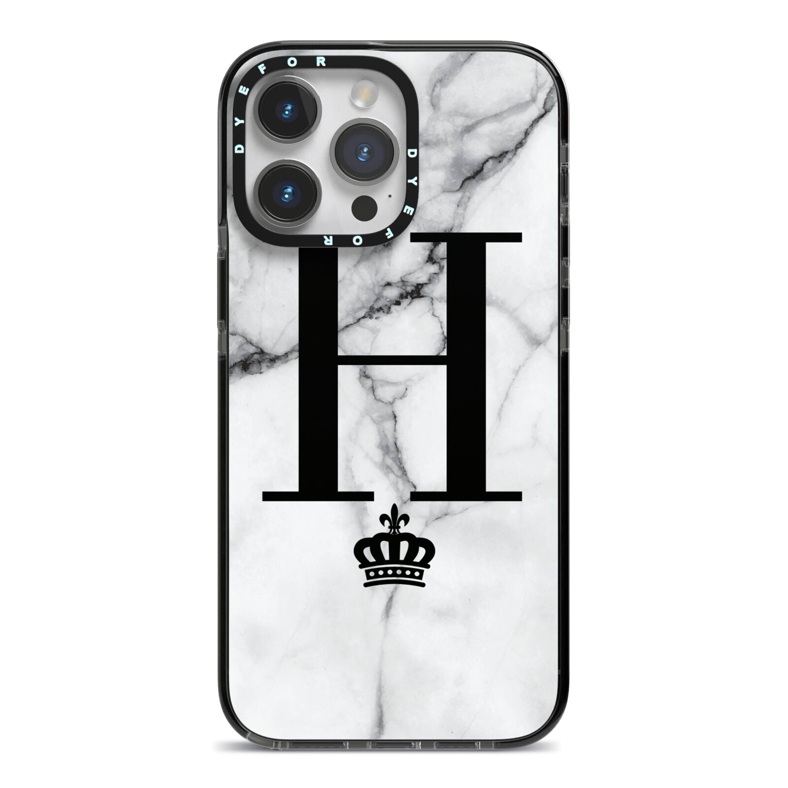 Personalised Big Initials Crown Marble iPhone 14 Pro Max Black Impact Case on Silver phone