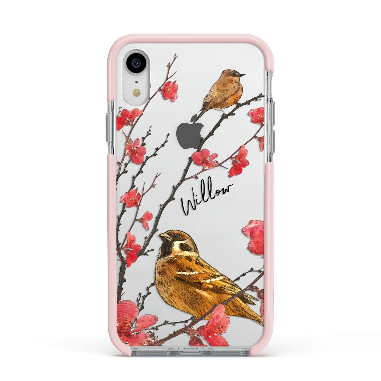 Personalised Birds Apple iPhone XR Impact Case Pink Edge on Silver Phone