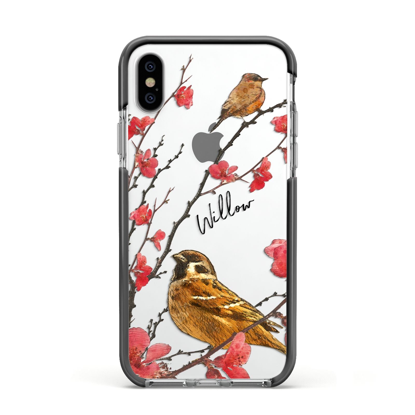 Personalised Birds Apple iPhone Xs Impact Case Black Edge on Silver Phone