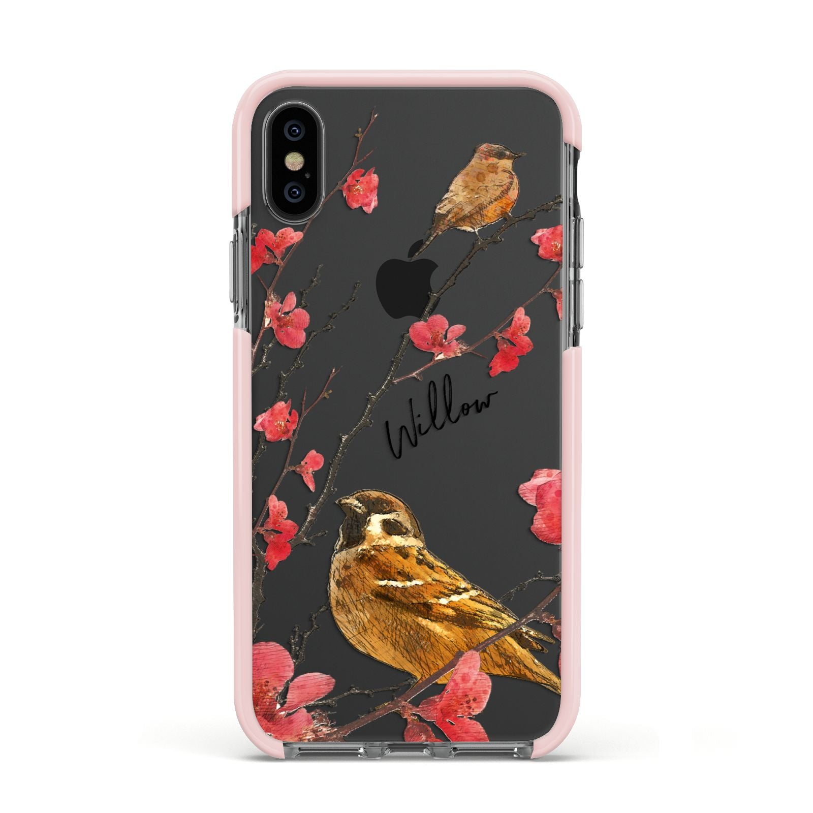 Personalised Birds Apple iPhone Xs Impact Case Pink Edge on Black Phone
