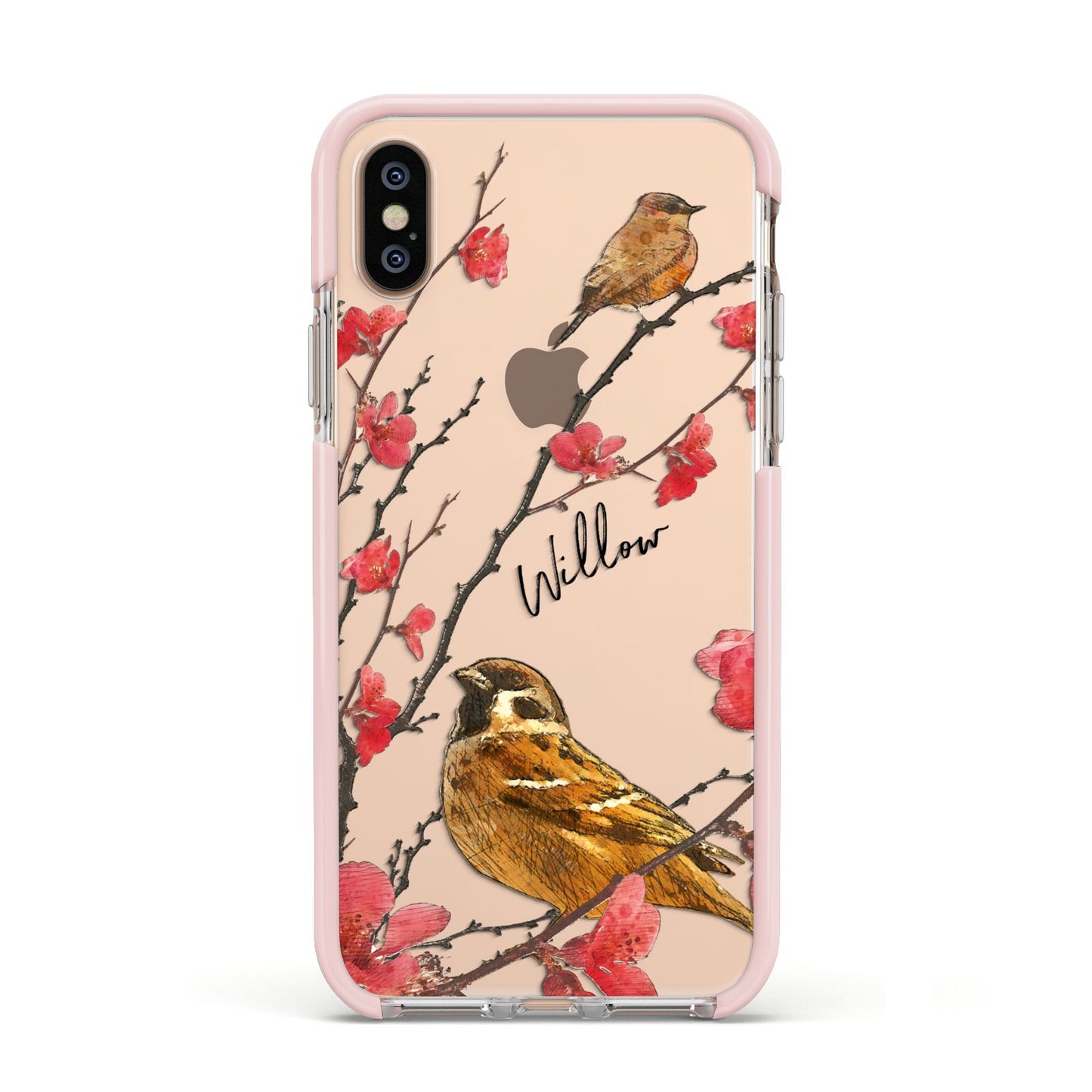 Personalised Birds Apple iPhone Xs Impact Case Pink Edge on Gold Phone