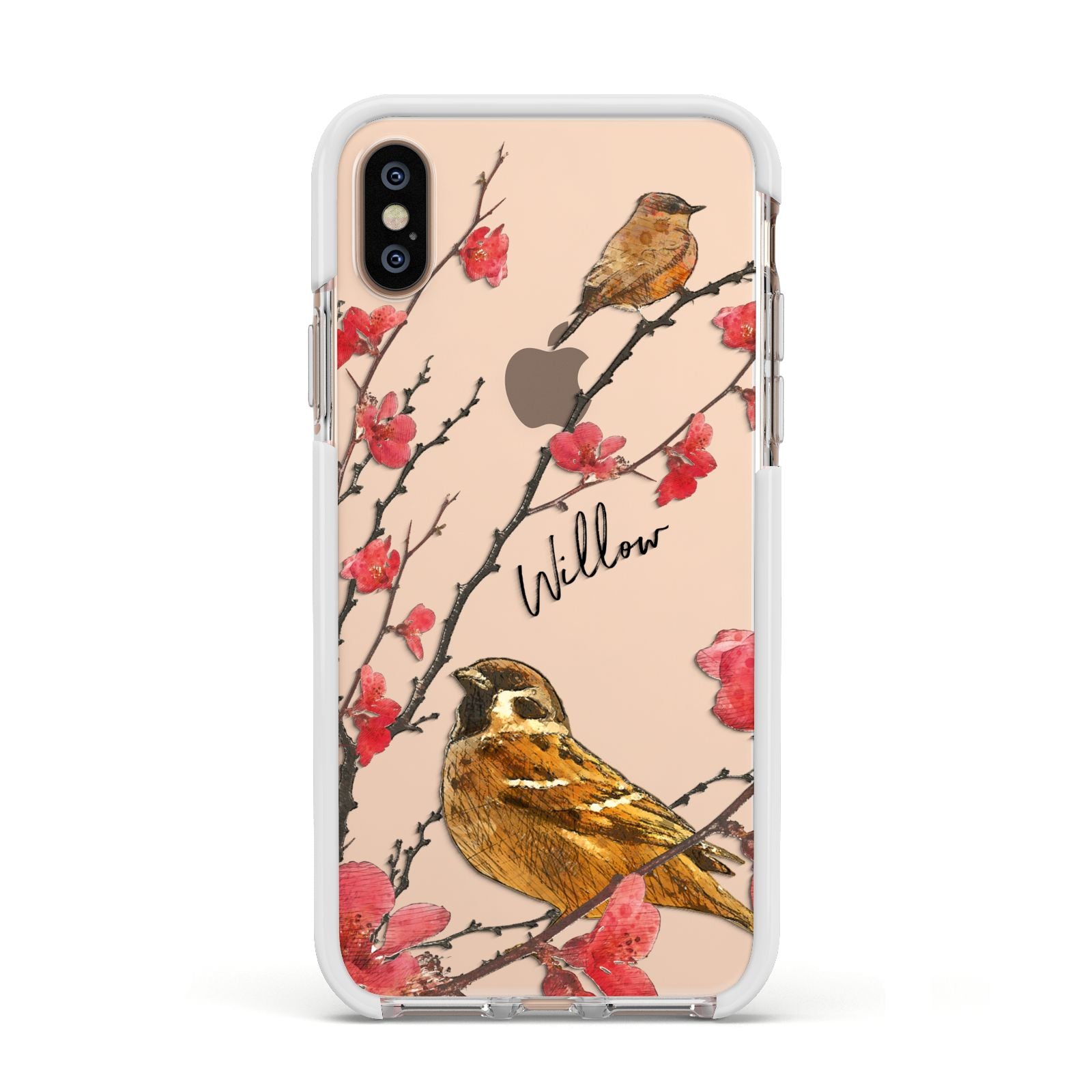 Personalised Birds Apple iPhone Xs Impact Case White Edge on Gold Phone