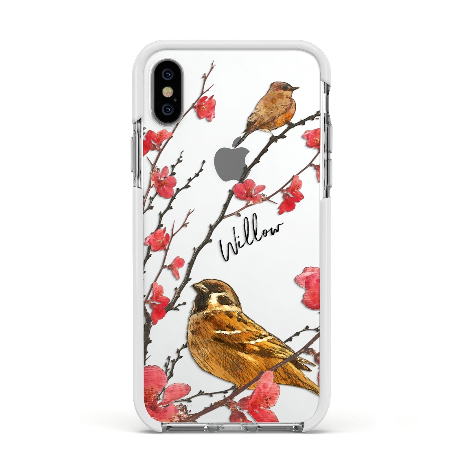 Personalised Birds Apple iPhone Xs Impact Case White Edge on Silver Phone