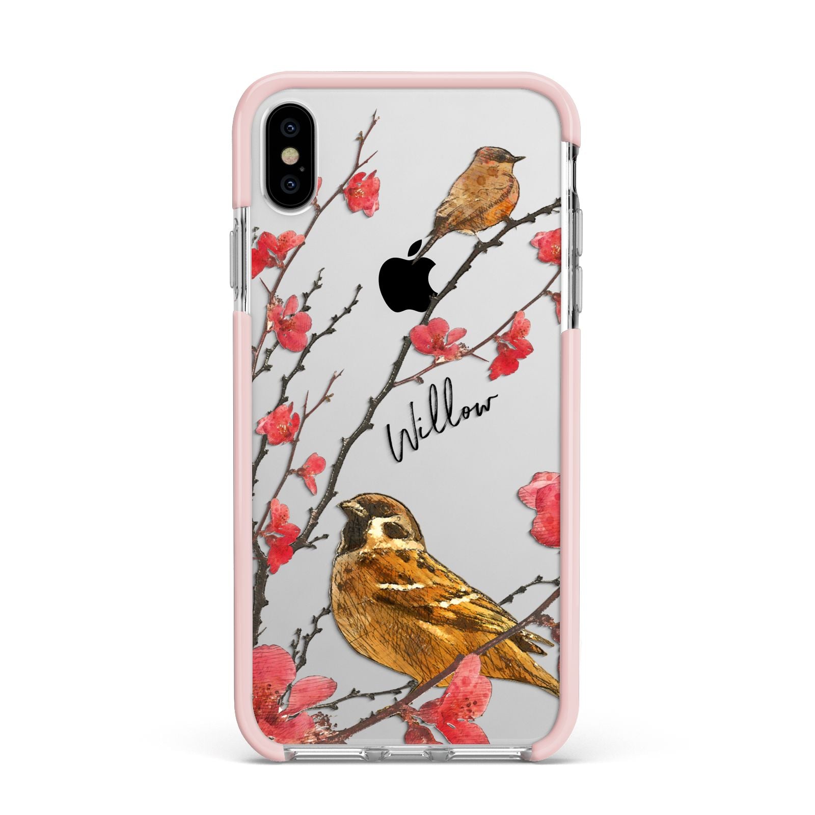 Personalised Birds Apple iPhone Xs Max Impact Case Pink Edge on Silver Phone