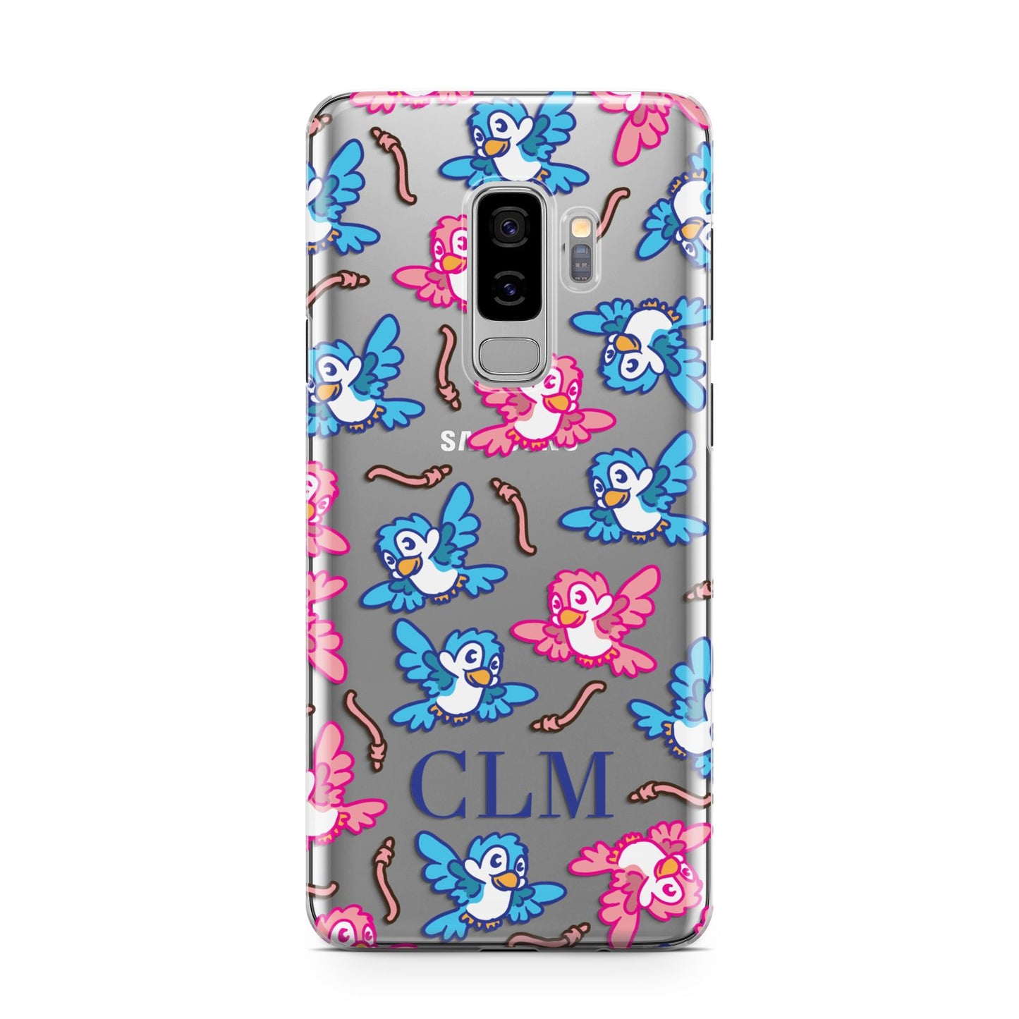 Personalised Birds Initials Clear Samsung Galaxy S9 Plus Case on Silver phone