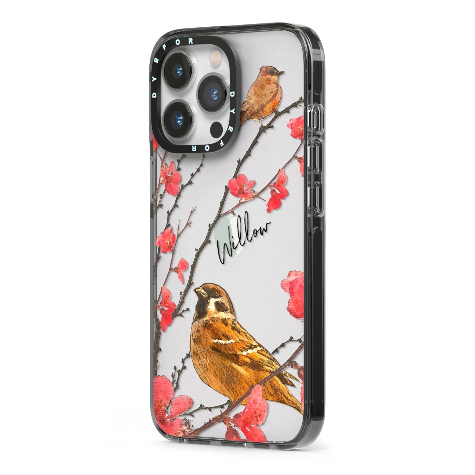 Personalised Birds iPhone 13 Pro Black Impact Case Side Angle on Silver phone