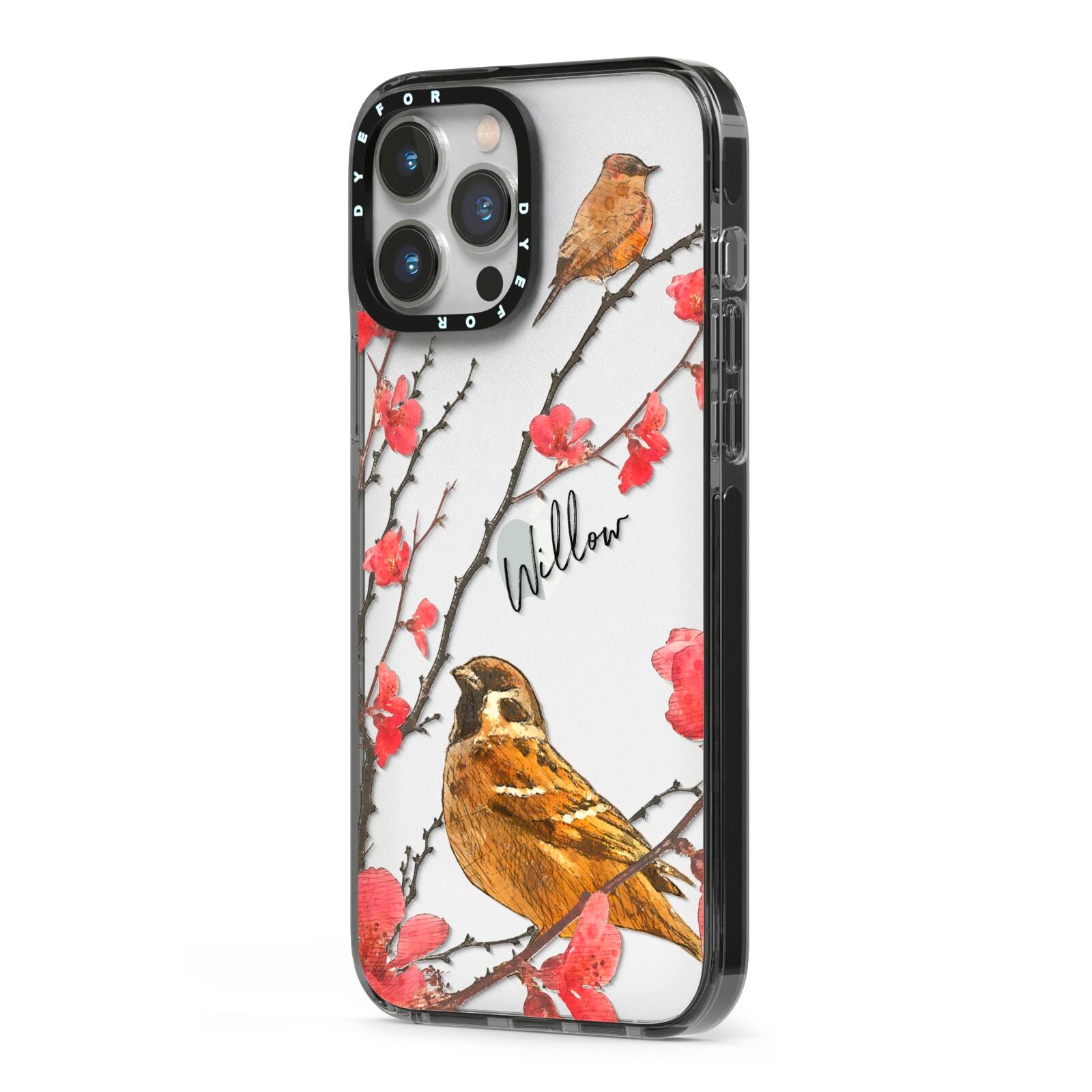 Personalised Birds iPhone 13 Pro Max Black Impact Case Side Angle on Silver phone