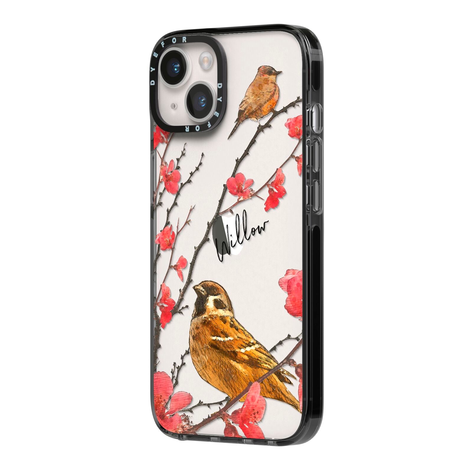 Personalised Birds iPhone 14 Black Impact Case Side Angle on Silver phone