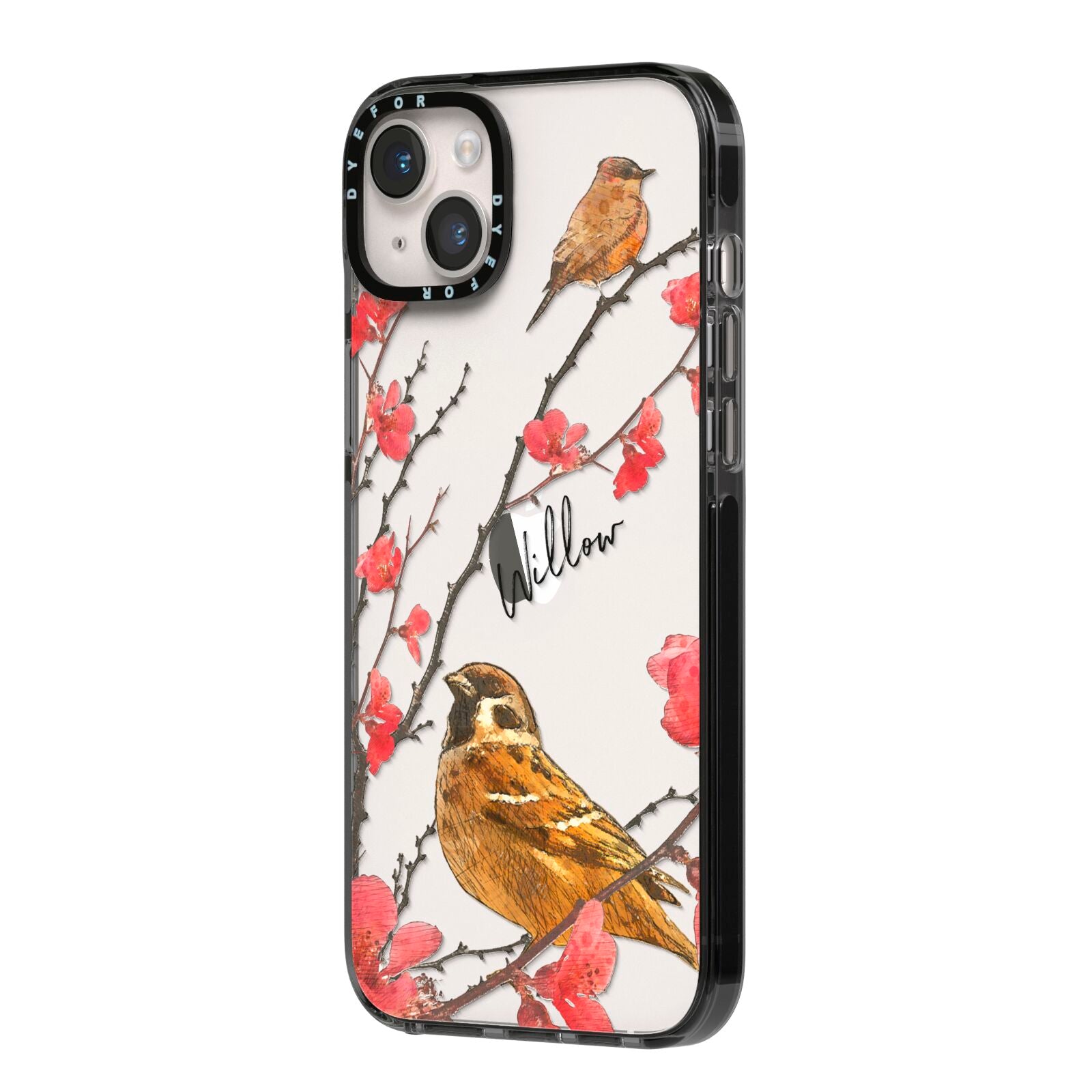 Personalised Birds iPhone 14 Plus Black Impact Case Side Angle on Silver phone