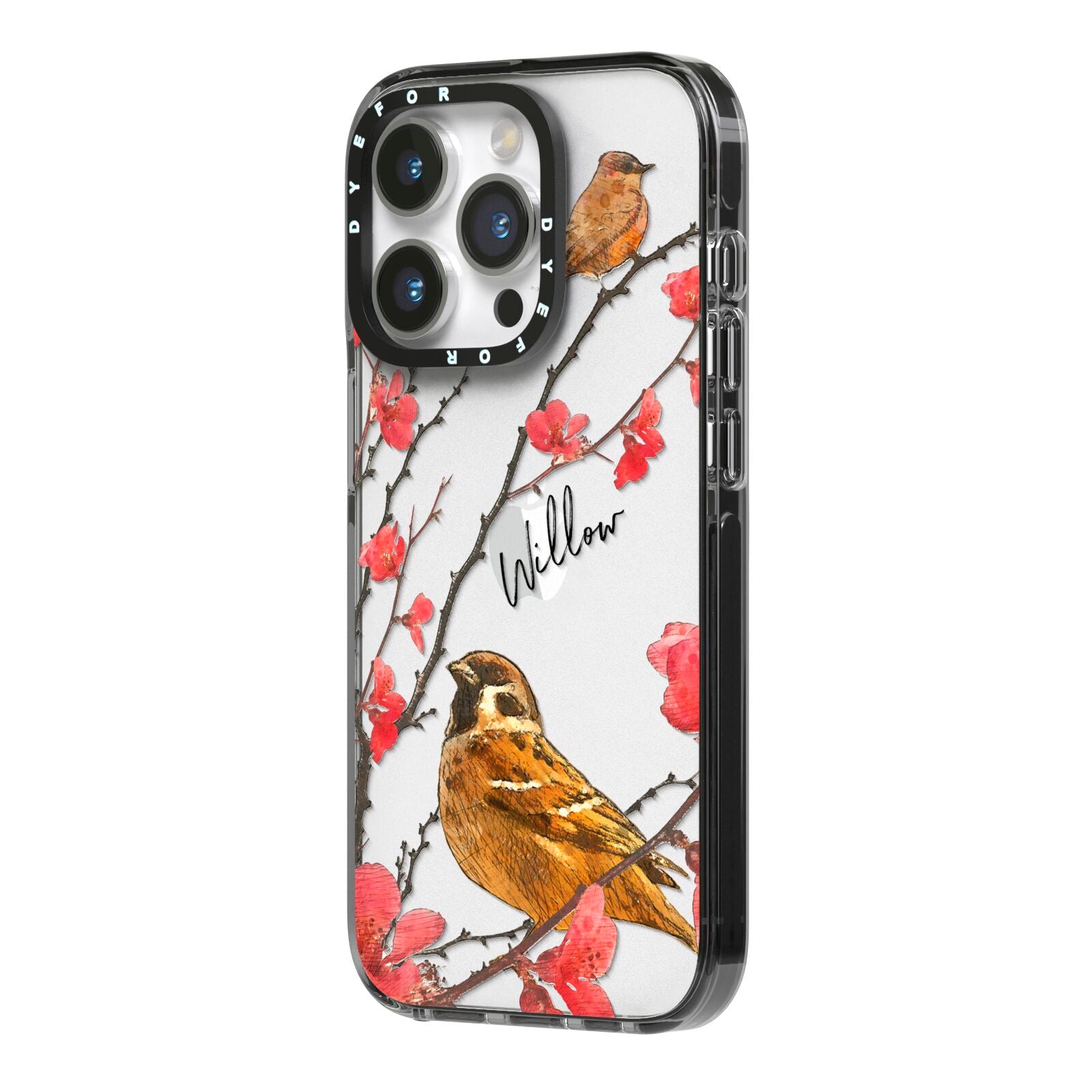 Personalised Birds iPhone 14 Pro Black Impact Case Side Angle on Silver phone