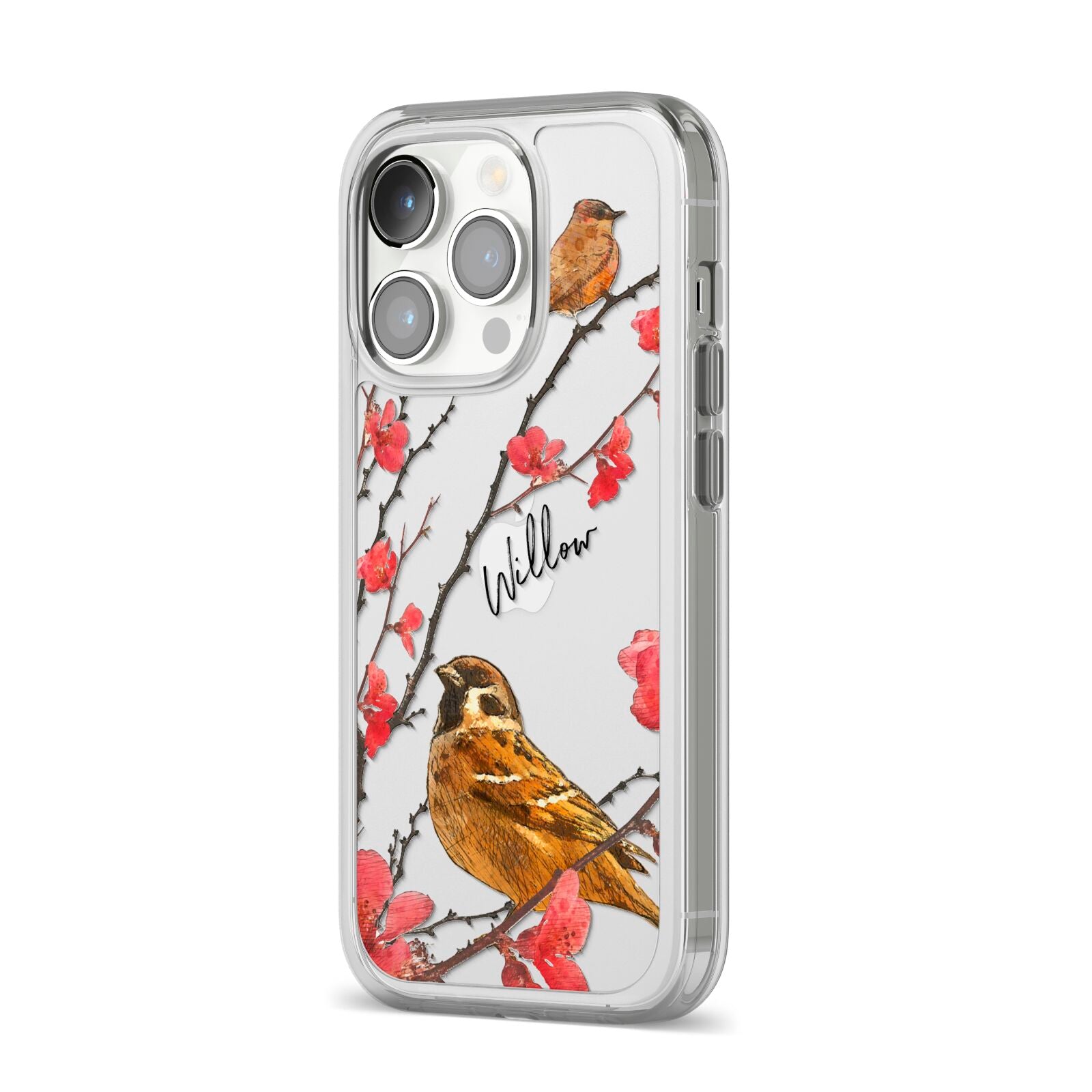Personalised Birds iPhone 14 Pro Clear Tough Case Silver Angled Image