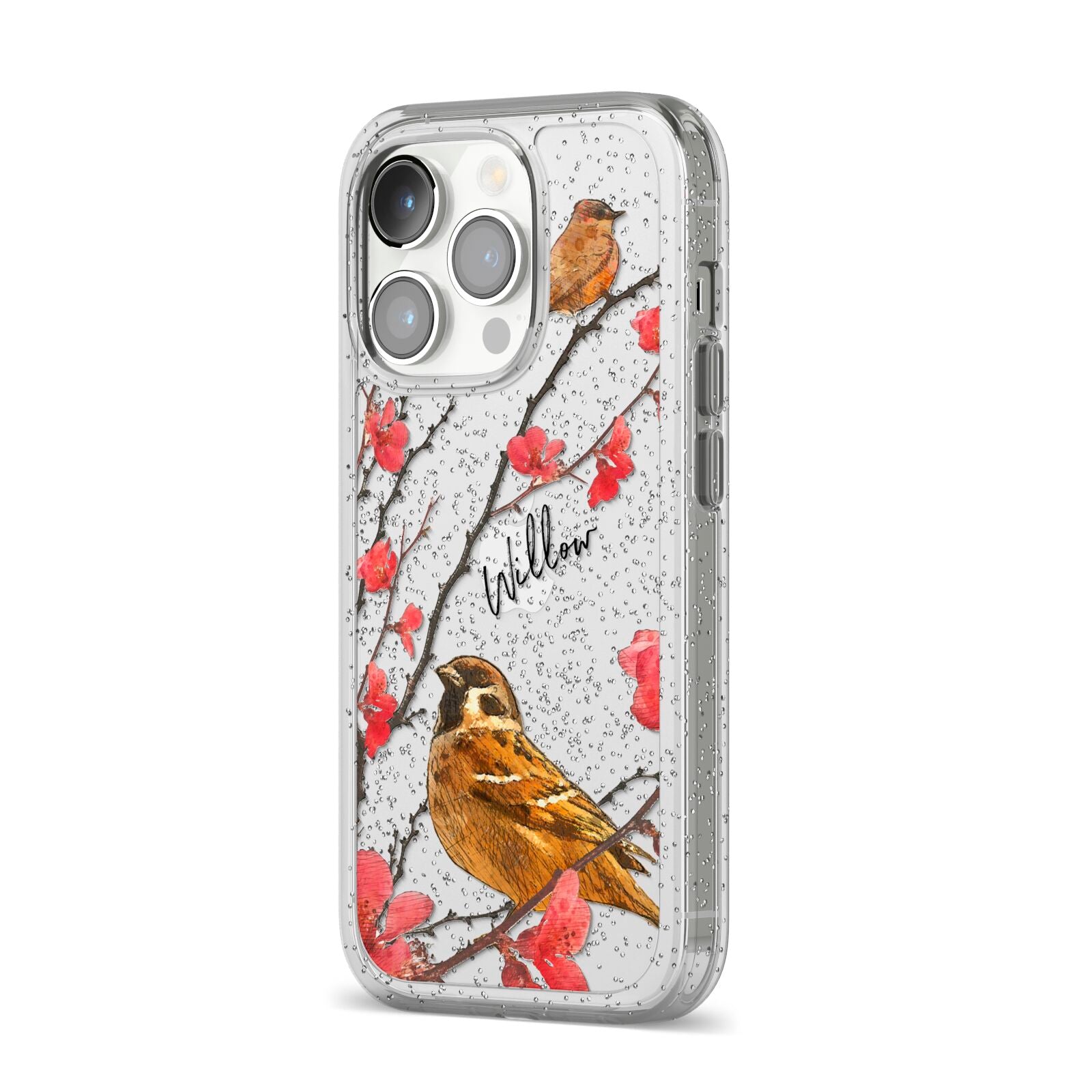 Personalised Birds iPhone 14 Pro Glitter Tough Case Silver Angled Image