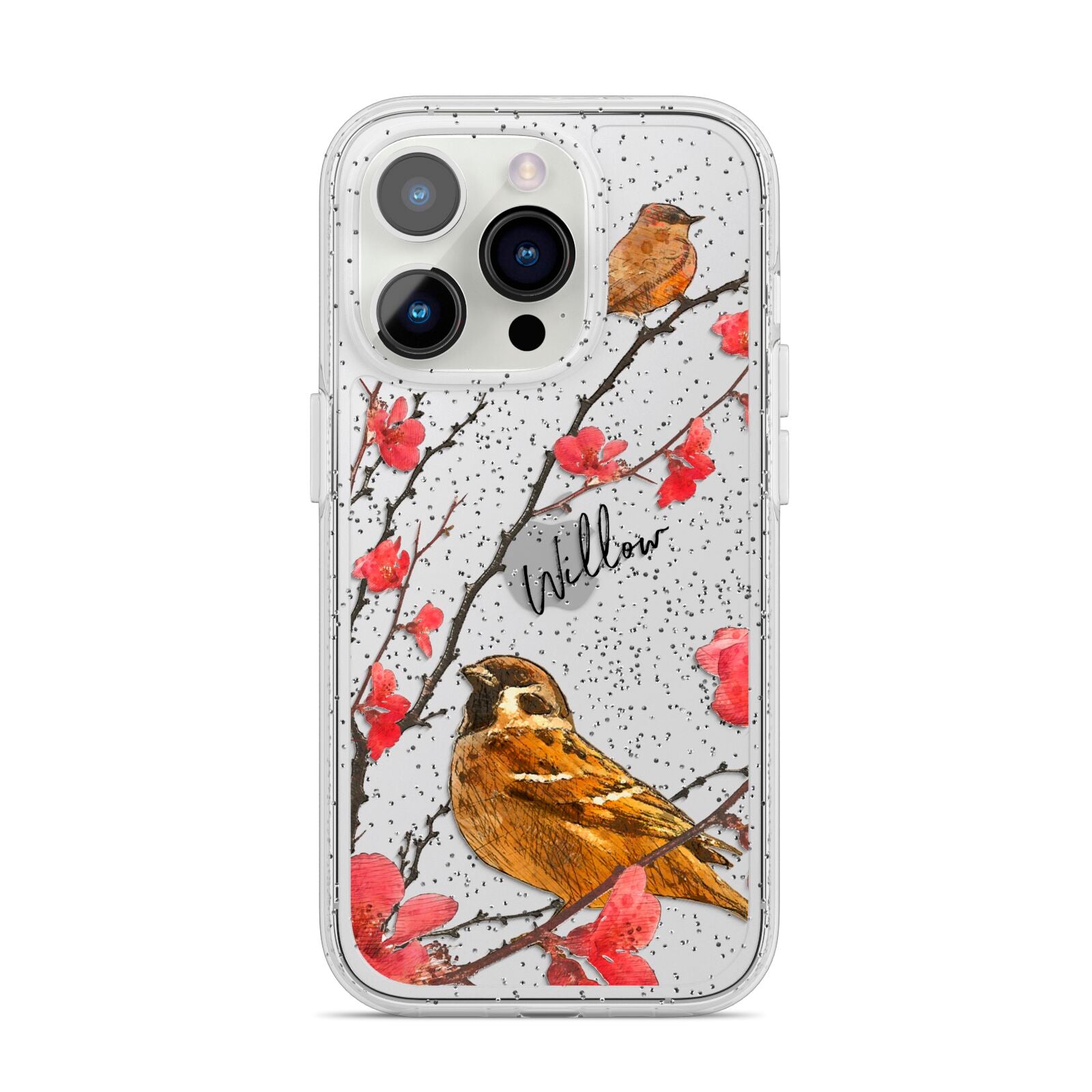 Personalised Birds iPhone 14 Pro Glitter Tough Case Silver