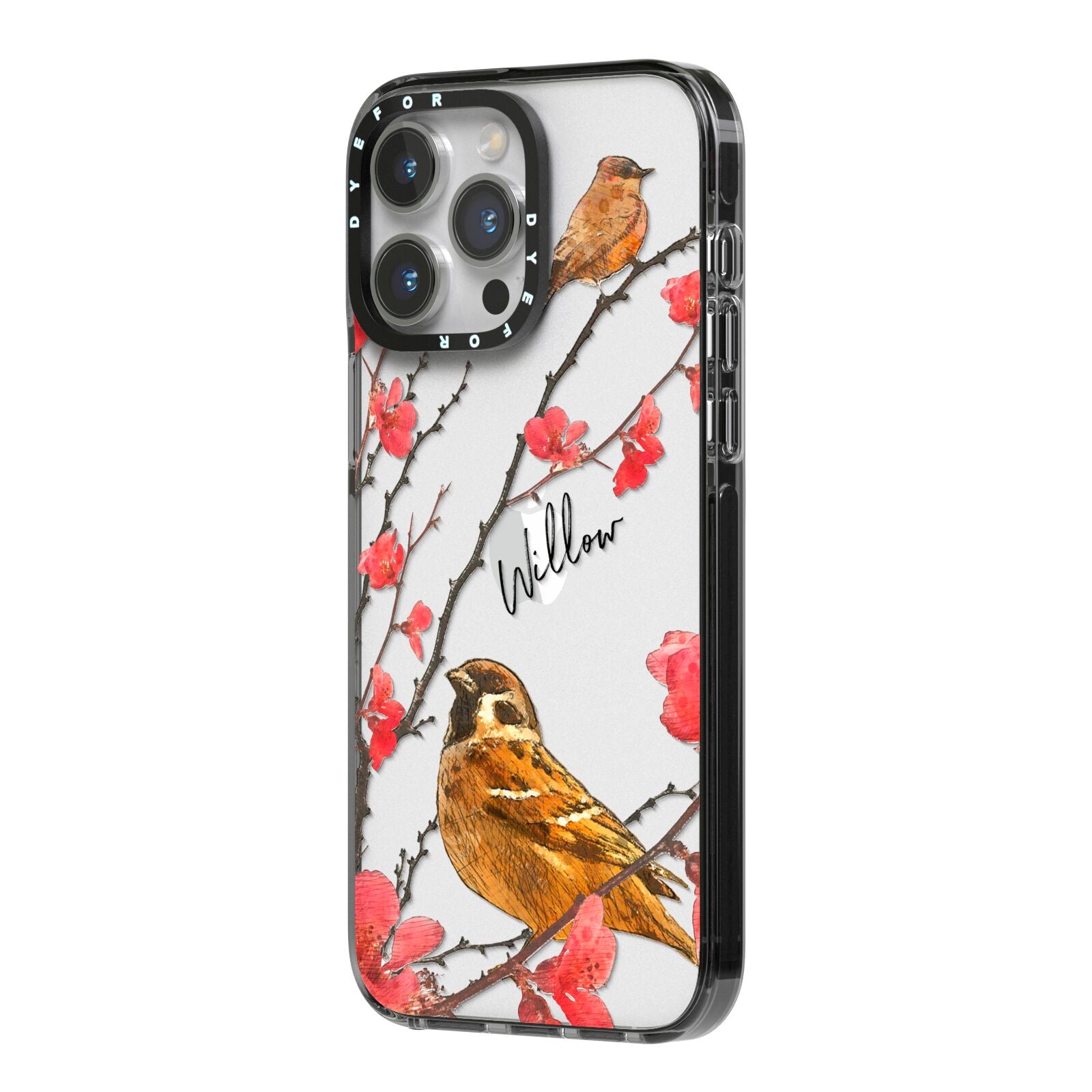 Personalised Birds iPhone 14 Pro Max Black Impact Case Side Angle on Silver phone