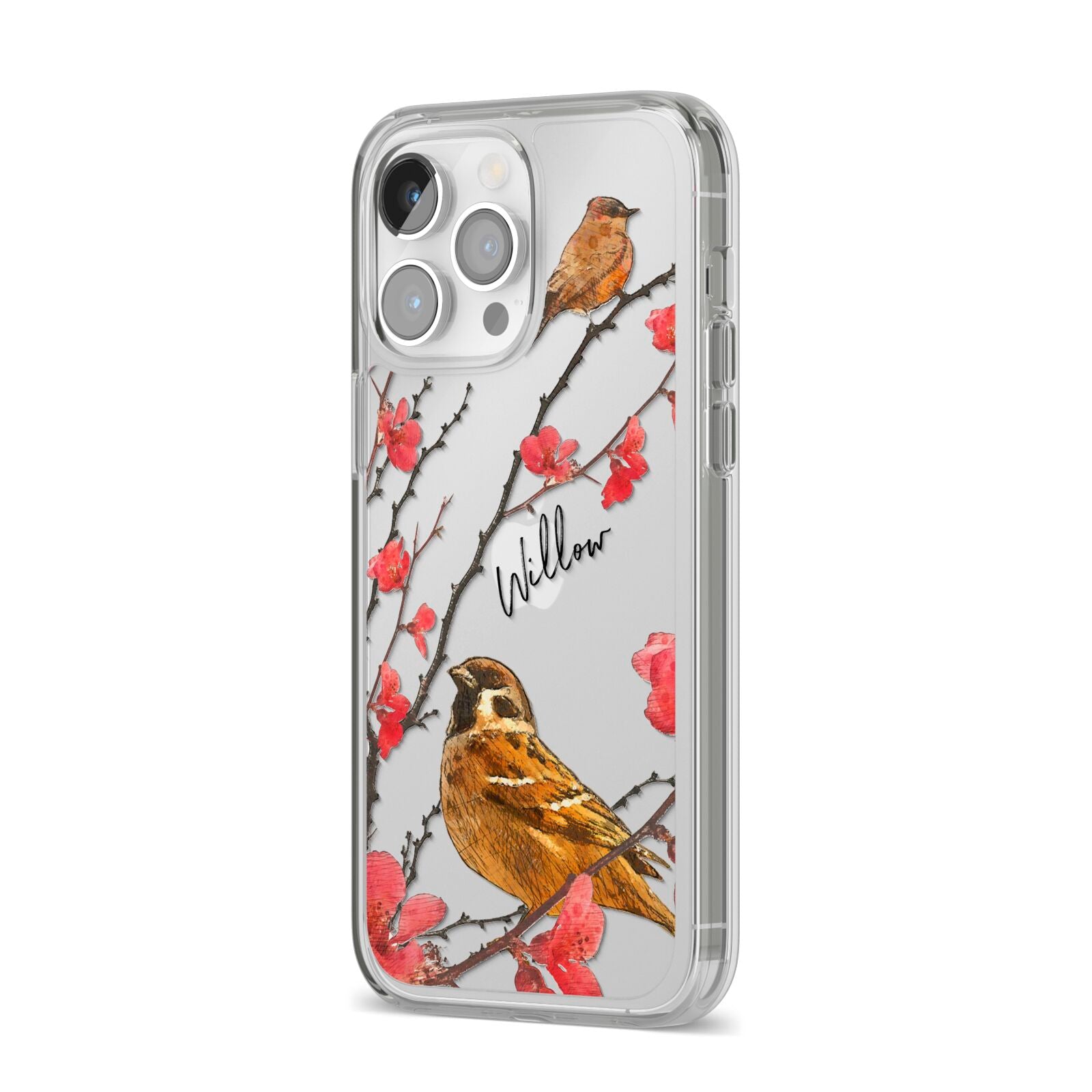 Personalised Birds iPhone 14 Pro Max Clear Tough Case Silver Angled Image