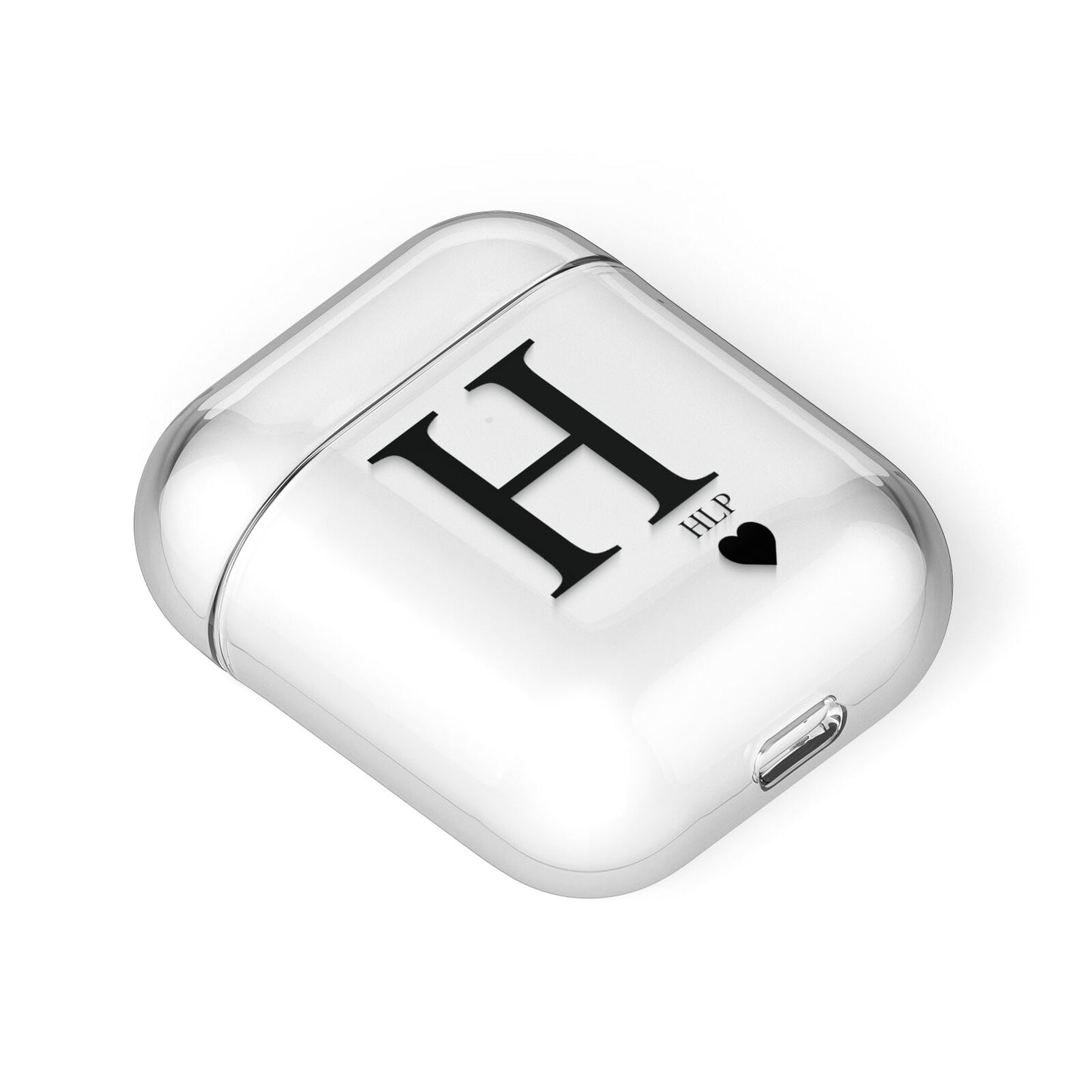Personalised Black Big Initial 3 Small Clear AirPods Case Laid Flat