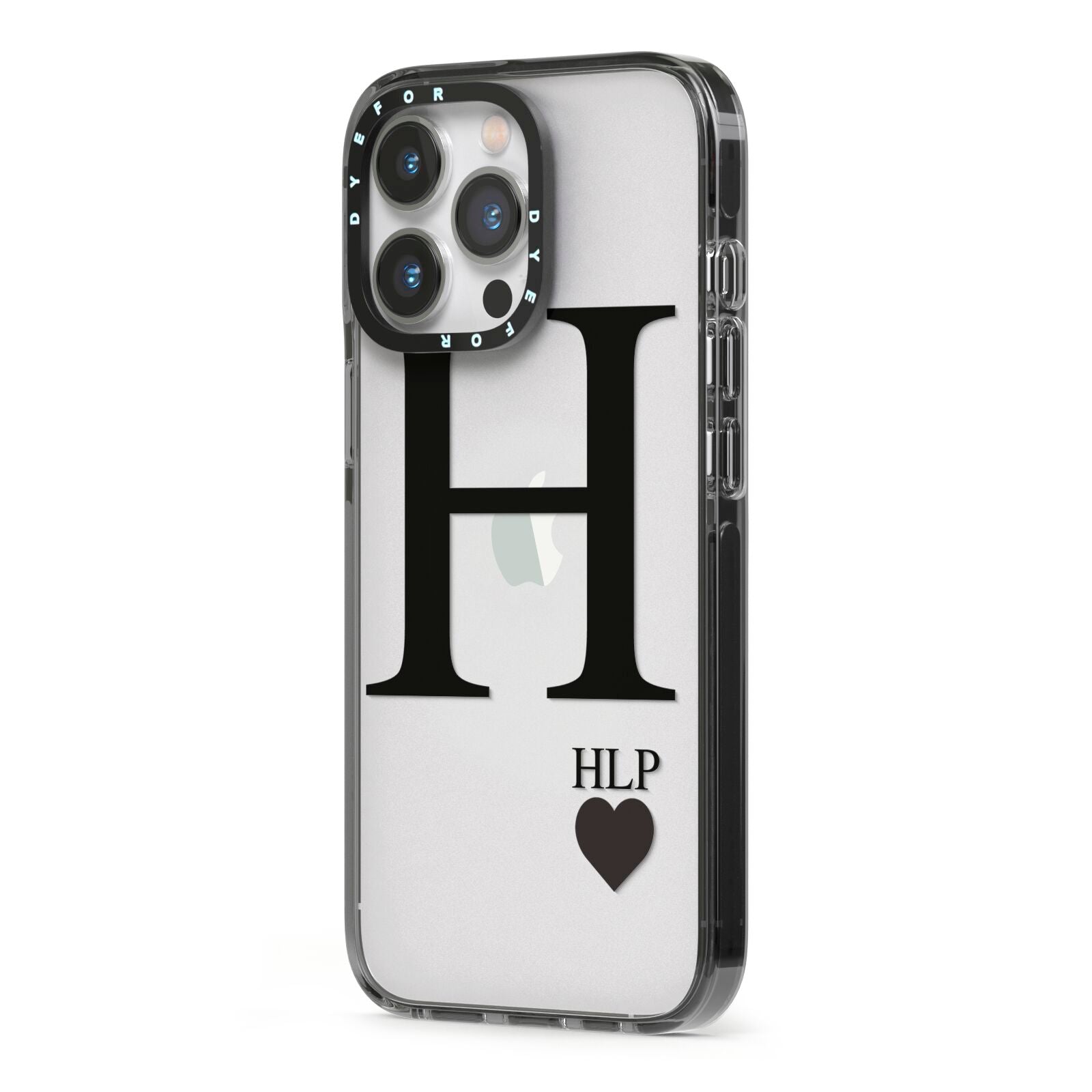 Personalised Black Big Initial 3 Small Clear iPhone 13 Pro Black Impact Case Side Angle on Silver phone