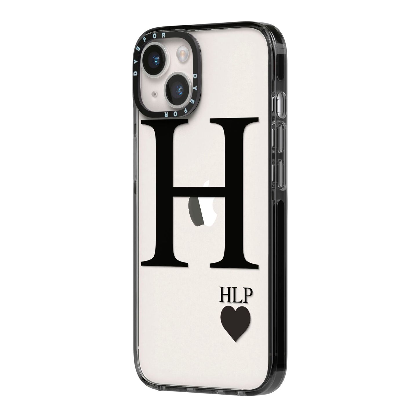 Personalised Black Big Initial 3 Small Clear iPhone 14 Black Impact Case Side Angle on Silver phone
