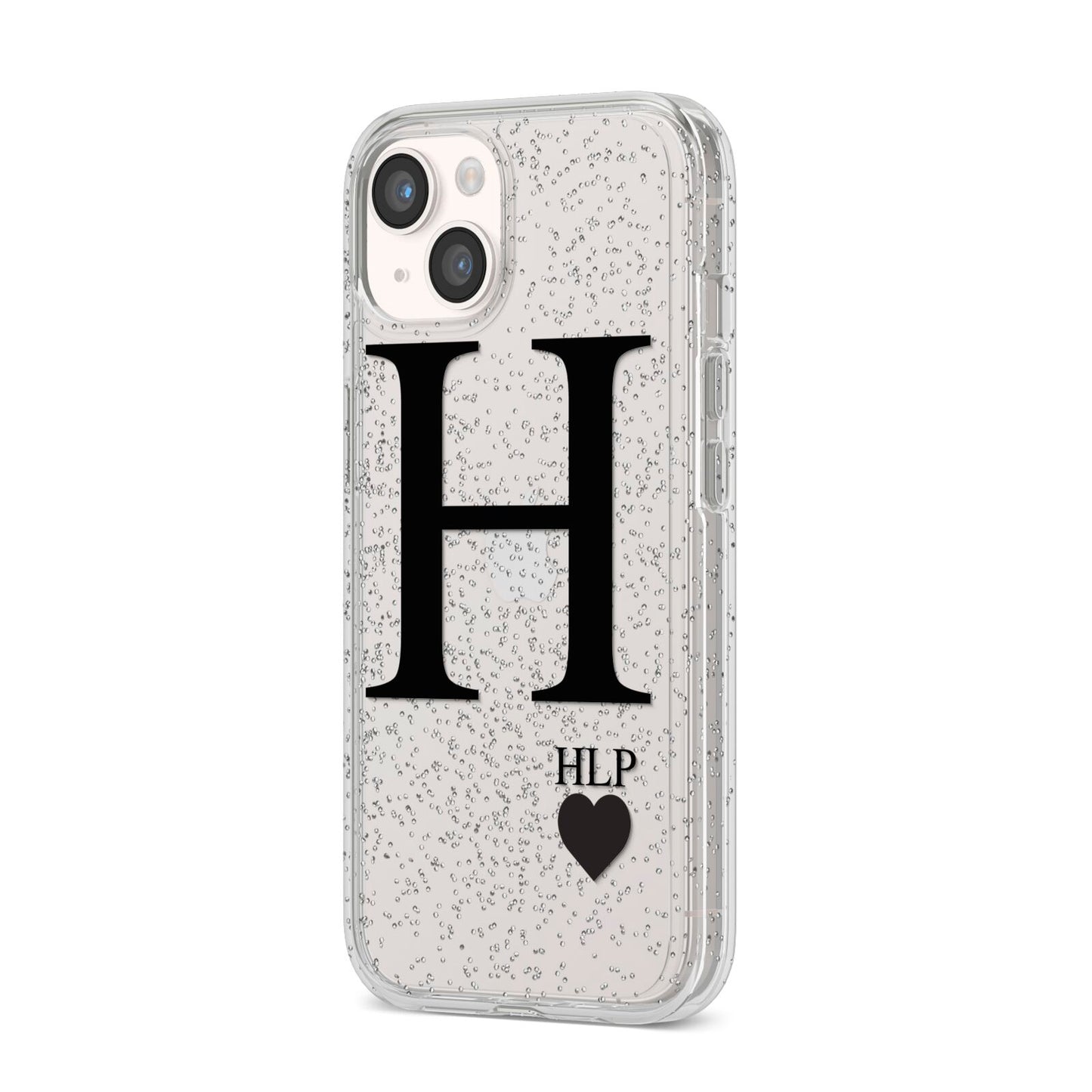 Personalised Black Big Initial 3 Small Clear iPhone 14 Glitter Tough Case Starlight Angled Image
