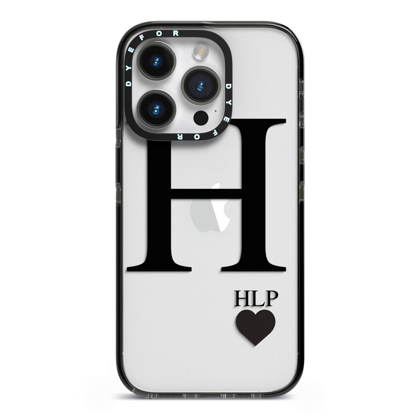 Personalised Black Big Initial 3 Small Clear iPhone 14 Pro Black Impact Case on Silver phone