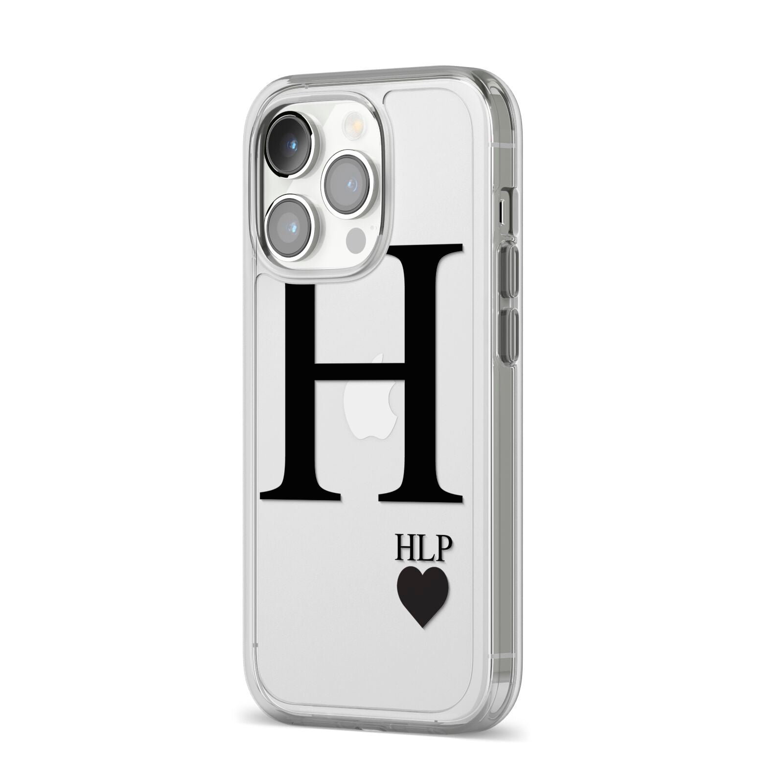 Personalised Black Big Initial 3 Small Clear iPhone 14 Pro Clear Tough Case Silver Angled Image